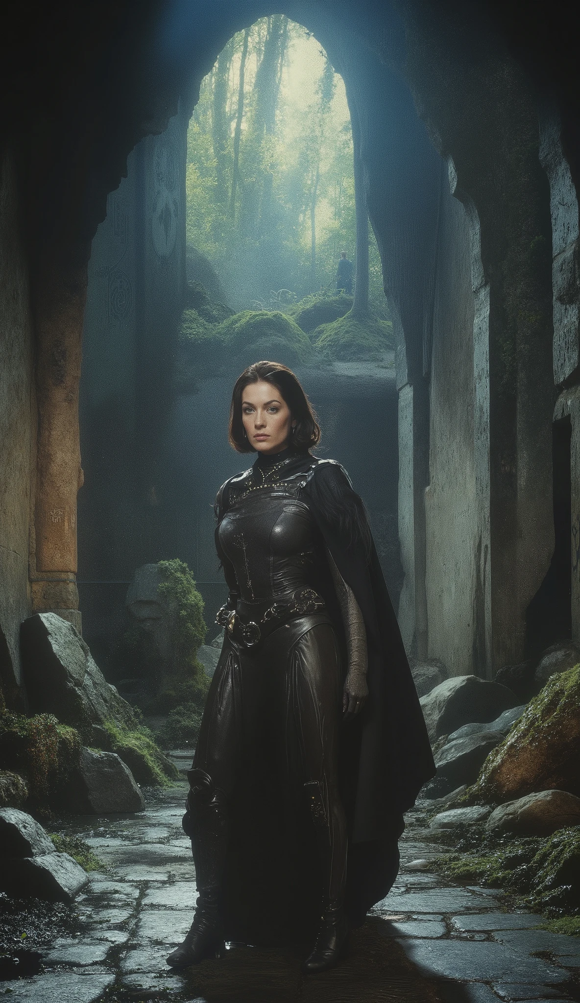 A cinematic close-up scene from a film titled Malicia, featuring a heroine, Malicia, portrayed by Agathe Auproux. She is wearing a black leather dress with metallic accents, a dark cape flowing behind her. Her hairstyle is elegant, with long, wavy hair cascading around her face. Her gaze is piercing, expressing a cold determination, with a straight and confident posture, ready to face the unknown. She is standing on a stone-paved floor, surrounded by a dense and menacing forest, with twisted trees and shadows stretching towards her. The lighting is dramatic, with a striking light coming from an unseen source, highlighting her features while plunging the background into an eerie darkness. In the background, blurry silhouettes of unknown creatures and ancient ruins half-swallowed by vegetation are visible. The ground is covered with black moss and damp stones, while the forest walls are in ruins, with mystical symbols carved on tree trunks. The overall atmosphere of the scene is dark, mysterious, with a touch of dark fantasy. The rendering is cinematic, HDR, inspired by 1950s films with a dynamic camera angle, captured like a Panavision screenshot, realistic and timeless.