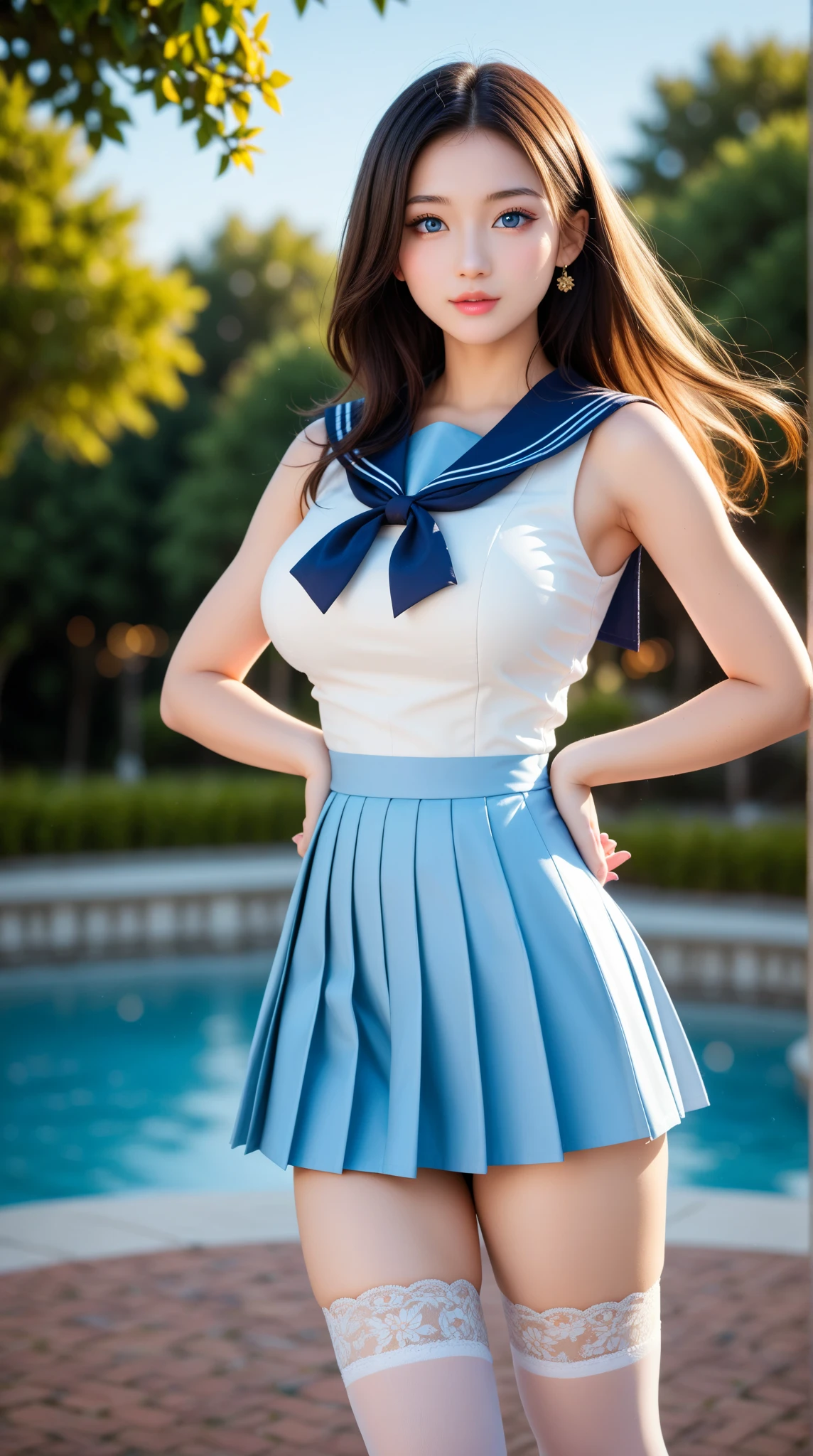 8K, Ultra-high resolution, Highest quality, masterpiece, 三分割法によるphotograph,Surreal, photograph, 1 girl, (16 years old:1.3), pretty girl, Cute face, Beautiful eyes in every detail, 細かくdetailedに,masterpiece,, One Girl:1.2, Japan Female Announcer,whole body,((detailedな布の質感, Cute long-sleeved blue sailor suit, Blue pleated skirt, White sailor collar)), (Beautiful views), Daytime, (School), Are standing, (Cute smile, Open your mouth), ,A carefree smile,Healing the heart,short hair,Looking at the audience、beauty,Long neck、Laugh a little、Please close your mouth and laugh、(((Ideal body type))),A-cup small breasts :2,、Portraiture:2、Perfect Anatomy、鮮明なdetailed、detailed、Surreal、Light and shadow,Strong light