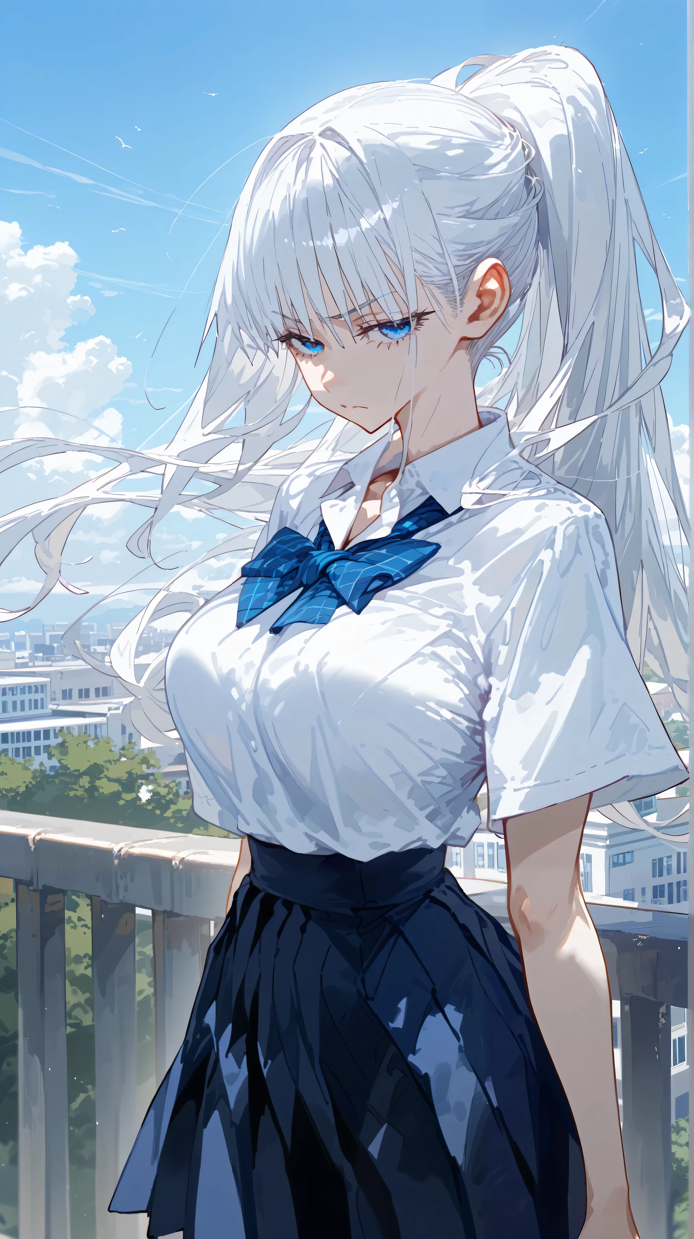 (masterpiece, best quality), 1girl, leaning against fence, hands behind her holding onto railing, rise hip, tilt head, sideways glance, break half-closed eyes, (blue eyes), calm expression, light frown, break 17yo, huge long breasts, (beautiful white hair, long hair, ponytail, wind blowing hair), school uniform, (white shirt tucked into dark blue skirt), looking at viewer, standing on a balcony, skyscrapers in the background, soft wind effect, subtle movement in hair, natural lighting, clear sky