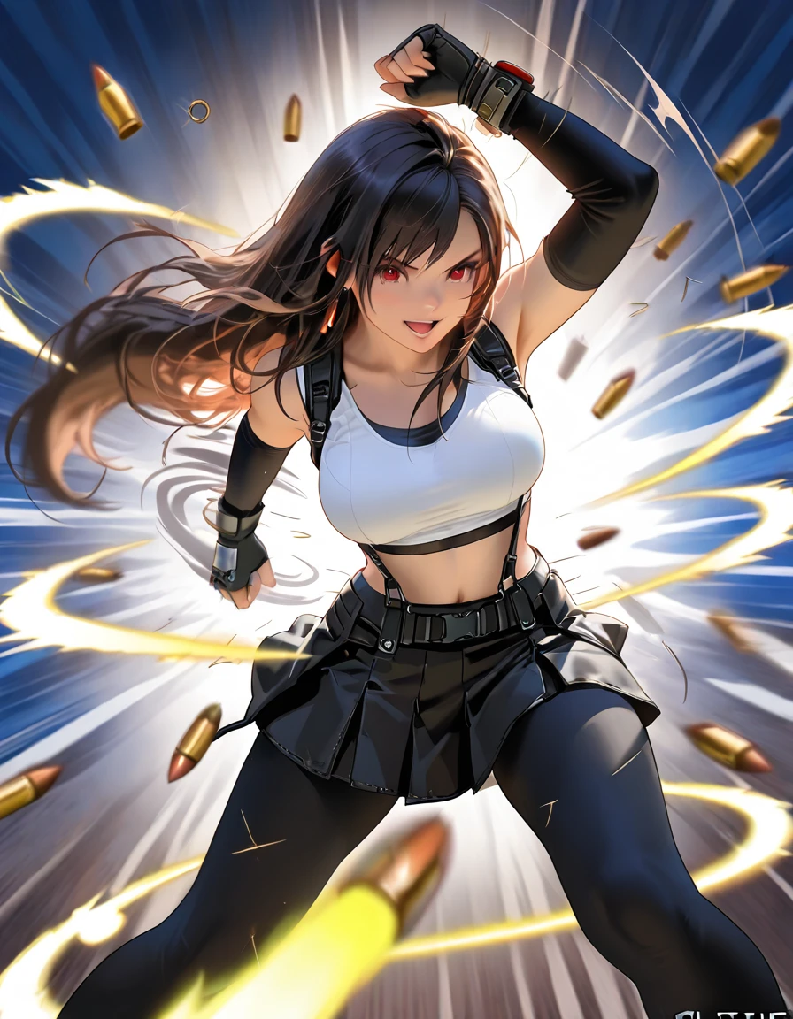 <lora:tifaMeenow_tifaV1:0.5>, corneo_tifa_classic, (8k uhd, RAW photo, landscape, best quality, masterpiece), (realistic, high resolution), physically, ((focus on solo stunningly beautiful detailed tifa_lockhart:1.5) wearing (black skirt, black suspender, black elbow gloves, white taut shirt, shiny skin:1.2), out-flew (Millions of thunderbolts:1.3) drawn from the thighs Of (mighty Cherubim:1.3) ((((the sudden (blaze) Far round illuminated hell)))) highly they (raged) Against the Highest and ((fierce)) (((with grasped Arms Clashed on their sounding Shields the din of (war)))) (((Hurling (defiance) toward the Vault of Heaven)))), outdoor, panoramic view, high detailed intricate environment, concept art, decay, ominous, grief, anger, rage, fury, ethereal, magical, fantasy, unreal, otherworldly, dreamlike, mystery, intricate illustration, art by Yoshitaka Amano and alphonse mucha and artgerm, lighting by Tetsuya Nomura, background by peter mohrbacher and Andrei Riabovitchev and Marc Simonetti and greg rutkowski and craig mullins and magali villeneuve, professional cinematic lighting