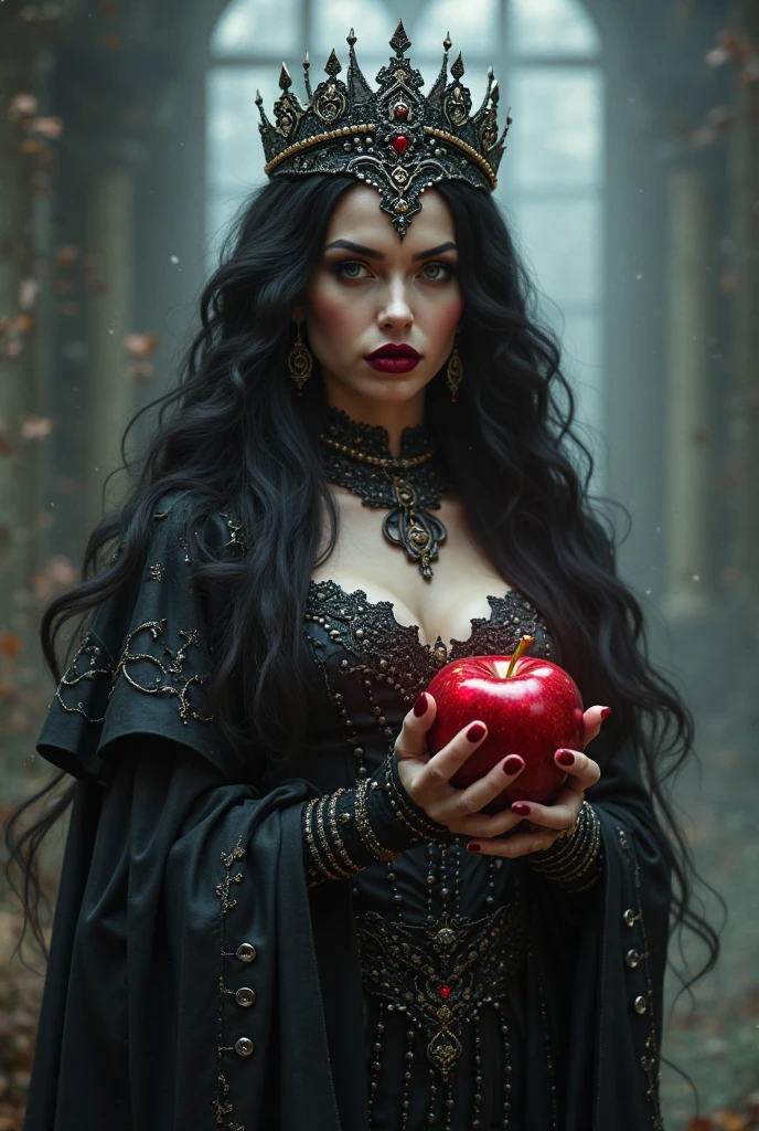 Girl,Black long hair,Black Queen,accessories,Apple in hand,Poison apples,Witch Queen,Red lipstick naked