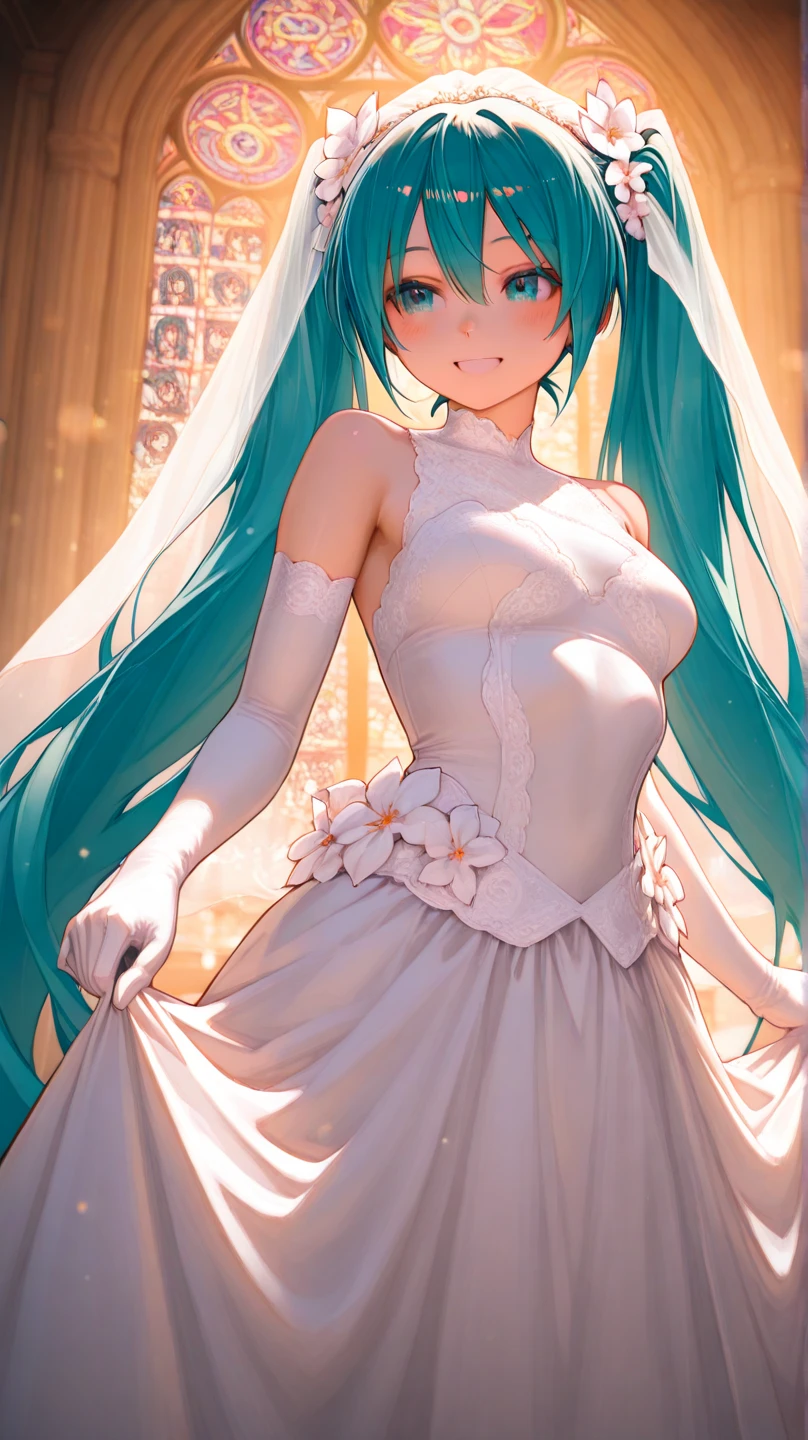 hatsune miku, very shame, very cute, wedding dress, holding a bouquet, showing the tongue, big tits