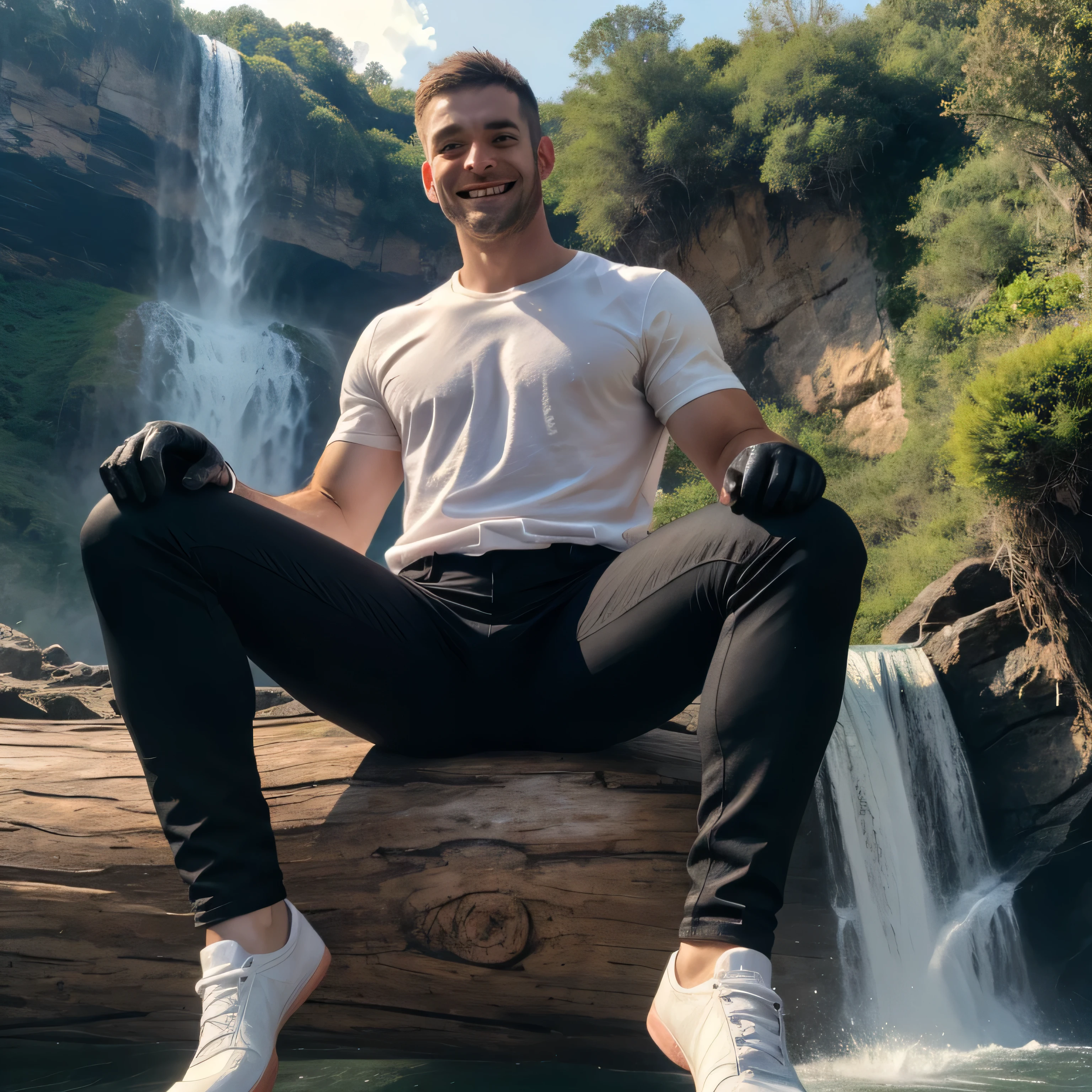 Age 32、handsome guy , 1 man, Muscular、white shirt、 Gold、Short Hair、Natural short hair perm、sea、waterfall slide　 as seen from below。　up your upper body 　 Menacing look　　black slim pants looking into the ocean　　 black gloves、　up your upper body　black slim pants　 as seen from below。　up your upper body　 American faces　　black slim pants looking into the ocean　　Dark Stubborn　up your upper body　　Dark Stubborn　Dark Stubborn　camera　Running up　Coming over here 　Sit with your  on a log　up your upper body　face up　smile