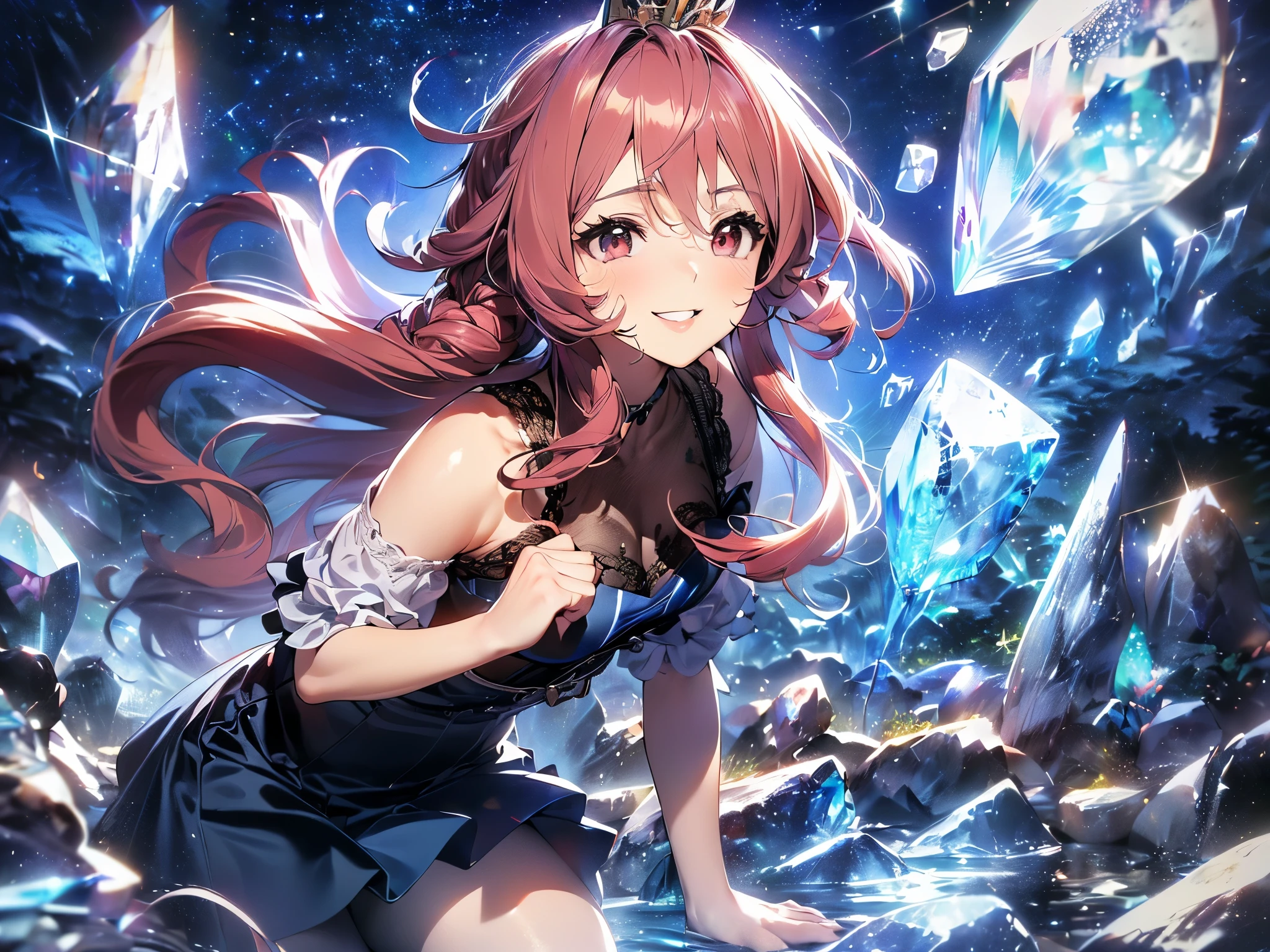 (((Solo, anime style))). (((Mature woman with horse ears and horse tail))). ((Looking at camera, smiling erotically)). ((Kneeling, legs spread, leaning forward, hands on butt)). (((Navy blue ruffled blouse. Navy blue long skirt. Black pantyhose. Lace neckline))). (((Redhead))). (((Red bob hair. Long red curls blowing in the wind))). Purple eyes. ((Silver hair ornament. Silver tiara)). Thick eyebrows. Long eyelashes. Blusher. Lipstick. ((Chubby figure)). (((Crystal background, crystal forest, crystal ground, crystal blocks. Starry sky))). (Focus on upper body, low angle). (Full anatomy, UHD, Retina, Masterpiece, Accurate, Anatomically Correct, Ultra Detailed, High Quality, Award Winning, Best Quality, High Resolution, 16k)