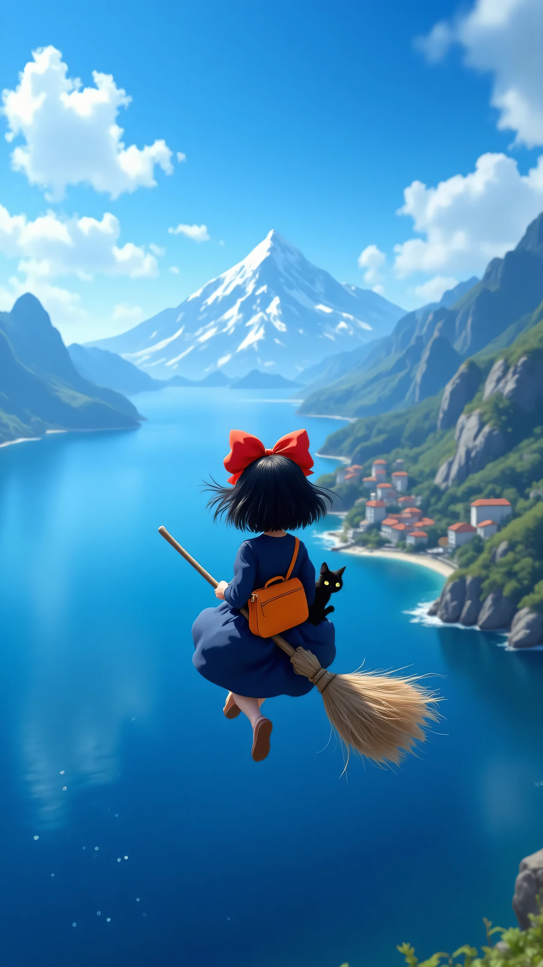 dutch angle, the whole lens is tilted,In the foreground is a girl flying on the surface of the sea with a broom, shoulder-length black hair flutters in the wind, Wearing a big red bow on her head, wearing a dark blue dress, Carrying a cute orange shoulder bag,On the broom sits a black cat。
The middle ground is a tranquil blue sea below, The sea reflects the sky and the surrounding scenery。There is a town next to the sea,The view is rolling mountains and a vast sky., clear layers of mountains,The top of the mountain is covered with snow,The mountainsides and foothills are missing vegetation exposing large areas of boulders, blue sky , floating white clouds, distant view uses the principle of perspective, The mountain and sky elements become smaller as the distance increases、Lightened,Contrast with the foreground、 mid-ground, highlight the sense of spatial hierarchy。
Composition, a diagonal composition is used , the coastline is in one-third of the picture, the direction of the girl's flight is the sea、 The coastline of the hillside forms a diagonal line, The picture is divided by 30 degrees by the straight coastline, the sea is at the bottom of the picture, the upper part is the coast and the sky, deep sense of spatial hierarchy, bright and vivid visual effects,High Saturation,high contrast,ultra accurate。
