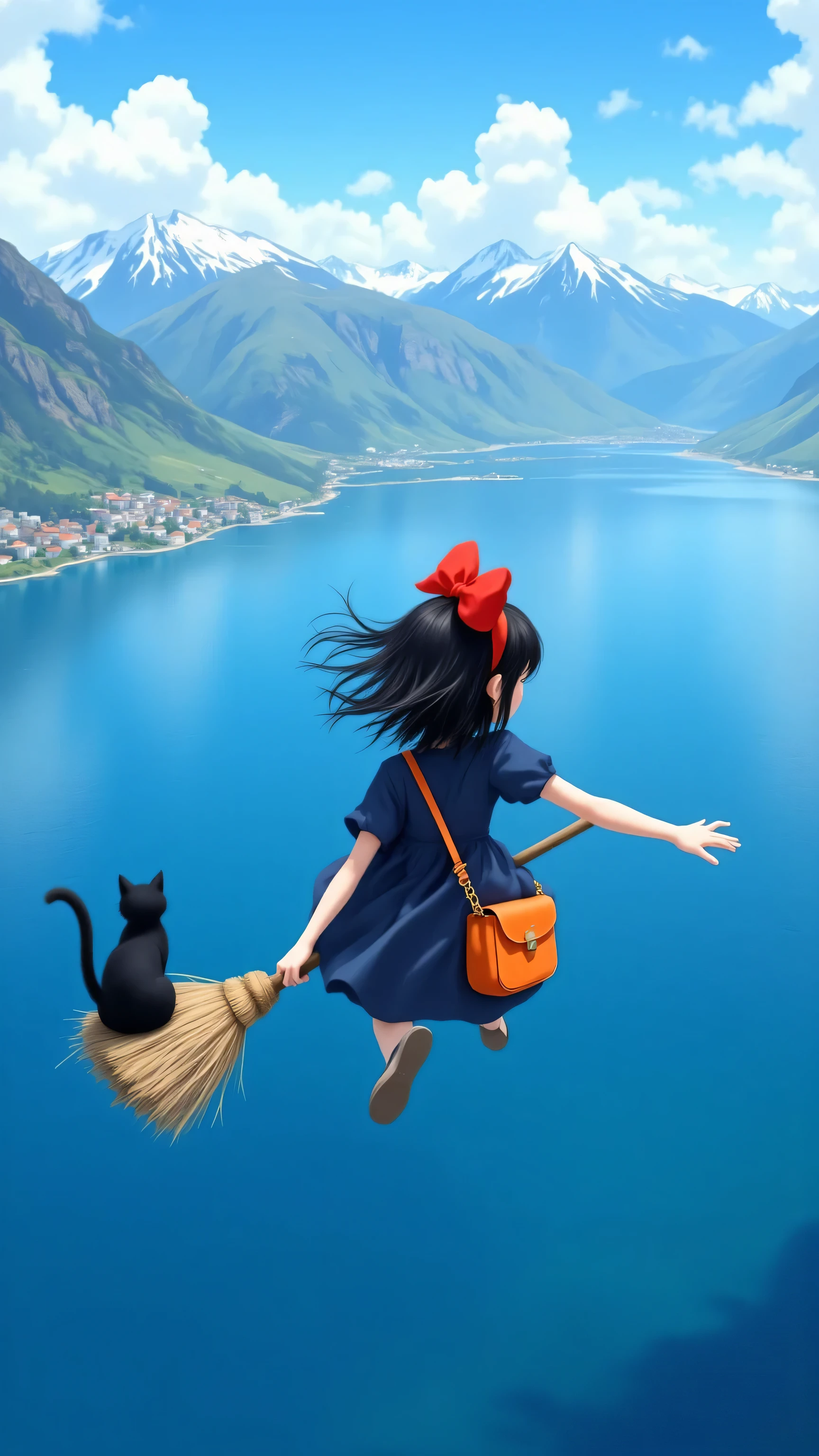 dutch angle， the whole lens is tilted，In the foreground is a girl flying on the surface of the sea with a broom， shoulder-length black hair flutters in the wind， Wearing a big red bow on her head， wearing a dark blue dress， Carrying a cute orange shoulder bag，On the broom sits a black cat。
 The middle ground is a tranquil blue sea below， The sea reflects the sky and the surrounding scenery。There is a town next to the sea，The view is rolling mountains and a vast sky.， clear layers of mountains，The top of the mountain is covered with snow，The mountainsides and foothills are missing vegetation exposing large areas of boulders， blue sky ， floating white clouds， distant view uses the principle of perspective， The mountain and sky elements become smaller as the distance increases、Lightened，Contrast with the foreground、 mid-ground， highlight the sense of spatial hierarchy。
Composition， a diagonal composition is used ， the coastline is in one-third of the picture， the direction of the girl's flight is the sea、 The coastline of the hillside forms a diagonal line， The picture is divided by 30 degrees by the straight coastline， the sea is at the bottom of the picture， the upper part is the coast and the sky， deep sense of spatial hierarchy， bright and vivid visual effects，High Saturation，high contrast，ultra accurate。
