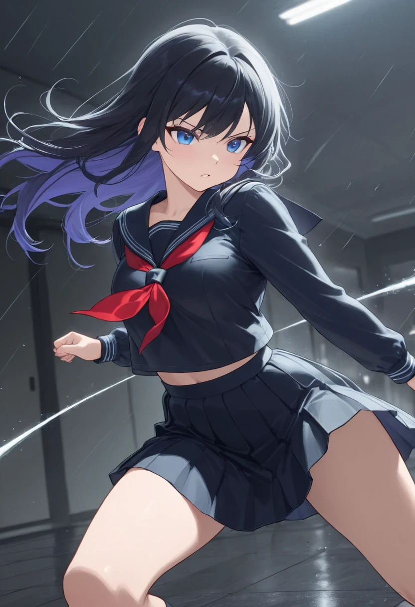 armed high school girl 、Actions to avoid bullets、stop motion、Approaching rain of bullets:1.4, motion blur effect、Barrett, standing:1.4, Dynamic motion to avoid by warping the body、sailor suit, pleated skirt on indoor floor, Avoidance Action:1.2, 4K Digital Art、anime style、professional、Bokeh、HDR,UHD,extreme detail,vivid colors,dark vibe,fantasy