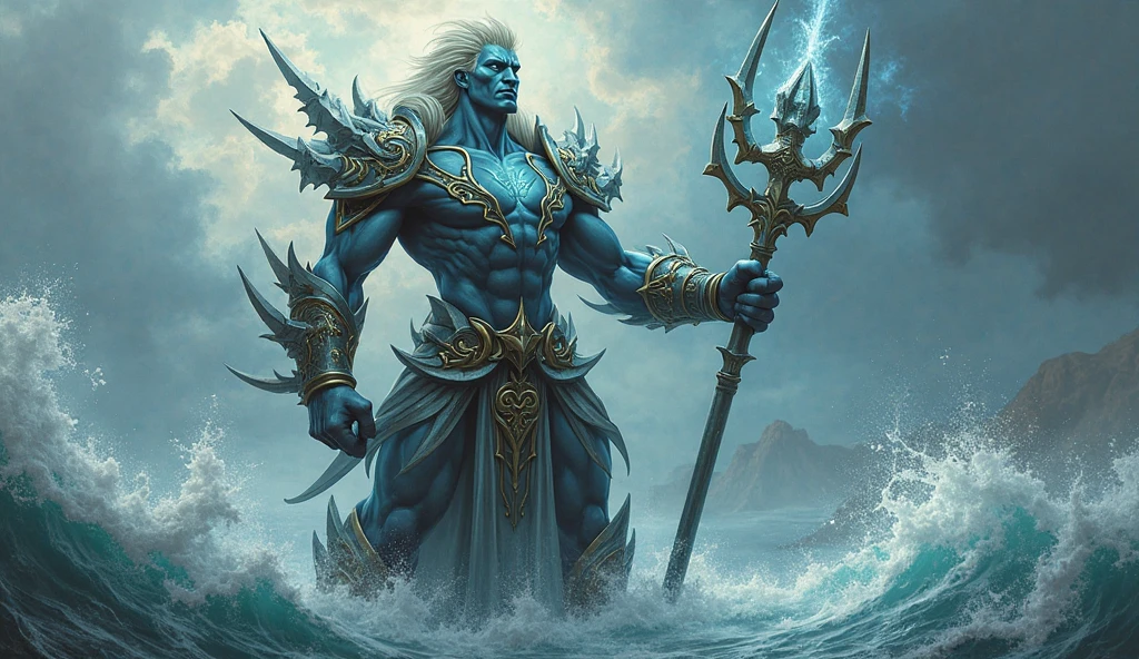4k realism, (water element, humanoid body made of water: 1.2) sapphire aesthetic, full body, sky background, fantasy art, made of water, body of water, monster, male, male element, masculine, double exposure of otherworldly seascape, fused with the image of Neptune's trident piercing the surface of the water, creating dramatic energy and waves, palatial figures of gods towering in the background, evoking a sense of power and control over the power of the sea, illustrations, digital art