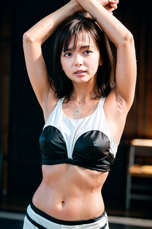 Woman posing for photo、(White little bikini)、(hime_cut_hairstyle:1.3)、Wriggled hips、Open your armpits wide、Smile big、Good hands、4k、hight resolution、​masterpiece、beste-Qualit、cap:1.3、((Hasselblad photo))、Fine-grained skin、Sharp focus、(lighting like a movie)、natta、Soft lighting、Dynamic angles、[:(detailed face with:1.2):0.2]、(((5 star hotels)))、