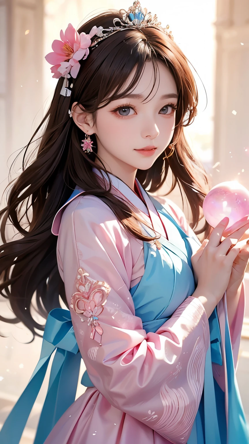 Her body and face are fully Front -facing, with her eyes gazing directly forward. Full Front , Center, Body orientation: Front , Front , Center, South Korea^, Japanese, beautiful women, 30th Generation, looking at camera, Front -facing, line of sight Front , upper body, gorgeous, Wear only Charisma , EfFront , body Front ., Tit
Roll、Reddish brown hair、very long hair、Light blue and pink hanbok 、 light blue and pink dress、Long Sleeve、 collar、 With collar、
Unexposed, Chima chogori, Korean traditional clothing, South Korea.
hanok, She holds a crystal ball that sparkles faintly, surrounded by floating symbols of love, such as hearts and intertwined rings. tiara, crown, princess, Castle, princess, long hair, gorgeous, pink dress, Heart's heart, Divine, Fantastic, smile. Fluffy Waves, goddess, close-up. Hair Flower, confidence, Light,
royal palace、 earrings、ribbon、bell、White fur