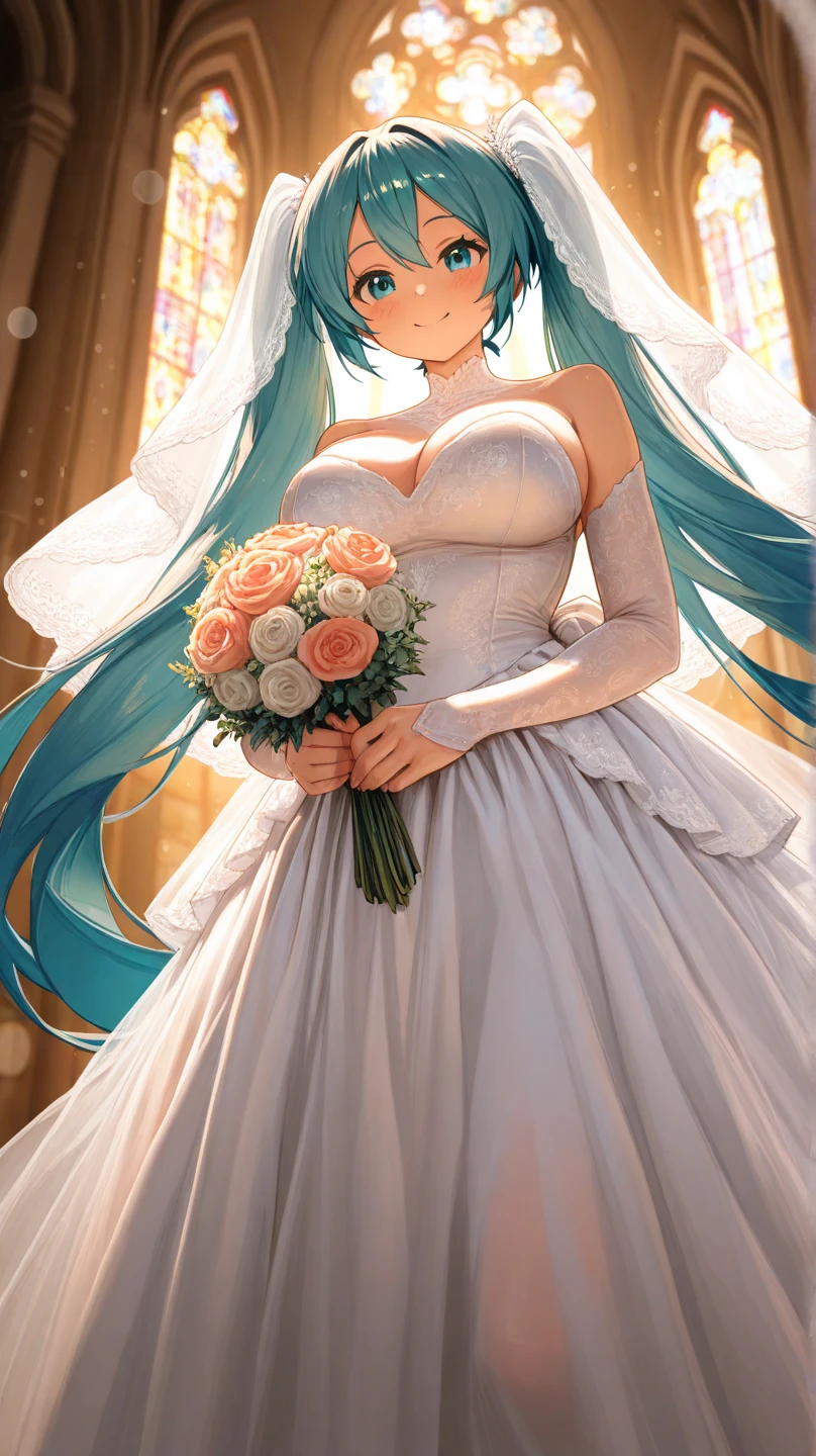 Sky blue hair, (One braided ponytail),(Pink Eyes),Fair skin ,(whole body),(One girl),bride,A big smile,Straight bangs, 6月のbride,Wedding dress,(masterpiece, Highest quality, Very detailed, Best Shadow), (Detailed Background), (Beautifully detailed face), High Contrast, (Best lighting, Very delicate and beautiful), ((Cinematic Light)), colorful, Hyper Detail, Dramatic Light, Intricate details,Chapel background,A bouquet of roses in the right hand,Ring on left ring finger,