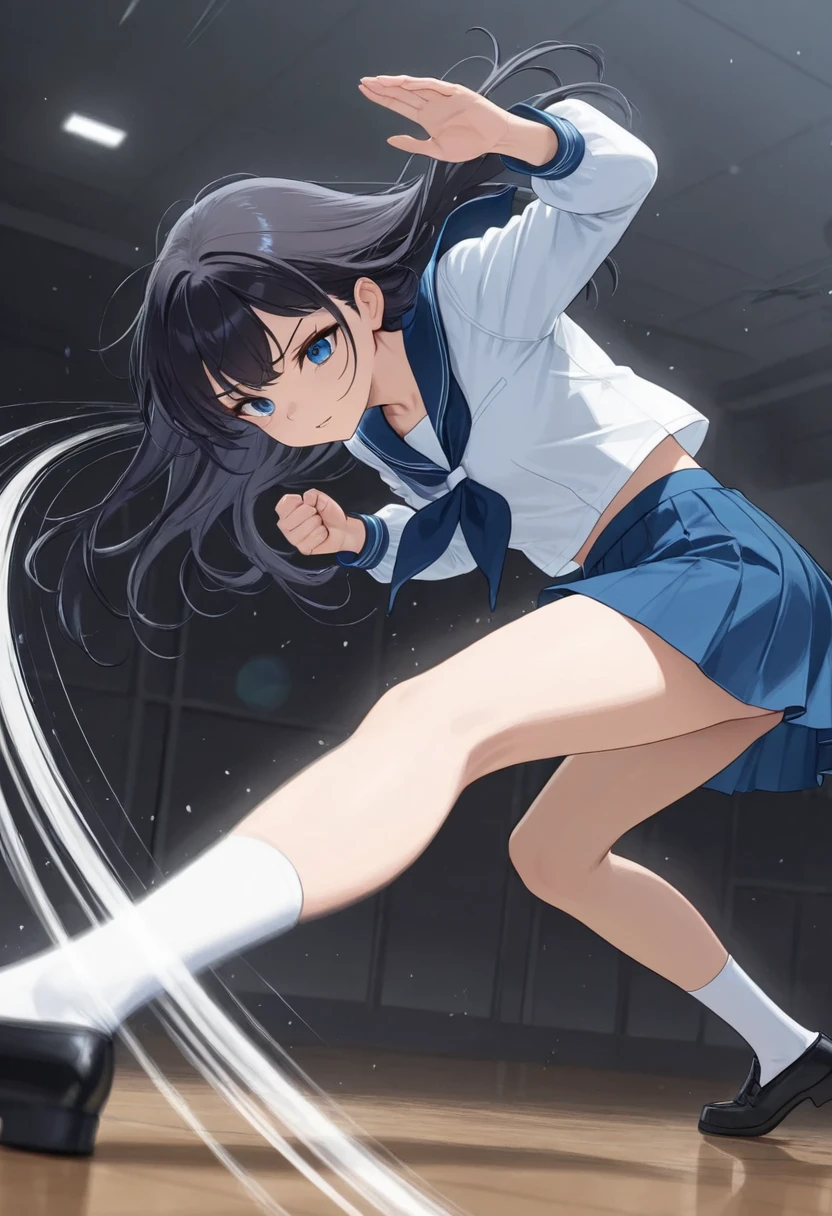 armed high school girl 、Actions to avoid bullets、stop motion、(((Countless bullets are approaching:1.4, motion blur effect、Barrett))), standing:1.4, Dynamic motion to avoid by warping the body、sailor suit, pleated skirt on indoor floor, Avoidance Action:1.2, 4K Digital Art、anime style、professional、Bokeh、HDR,UHD,extreme detail,vivid colors,dark vibe,fantasy