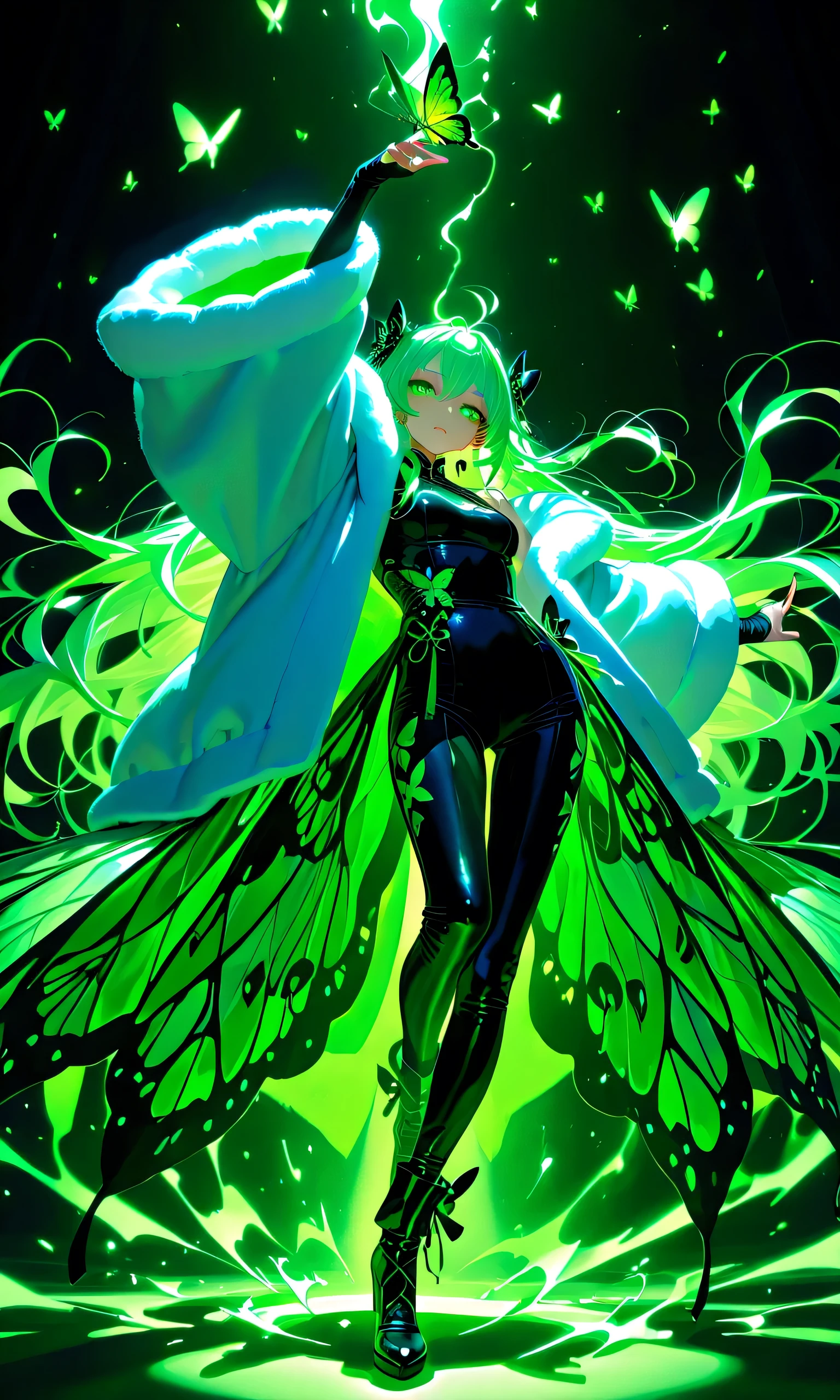 Create a 3D image of a full length (one girl) in a fur coat, reminiscent of 19th century Chinese painting and engraving styles. The coat is elegantly drawn with intricate patterns and colors of blue, green, and white. A softly glowing lighting energy covers the entire scene, highlighting the silhouette of the girl and creating a dramatic effect. The girl holds a long Chinese sword, adorned with ornate details. Emphasize the contrast between the modern and traditional styles, as if captured at the moment the lighting energy peaks. Use rich colors and textures to enhance the overall quality.butterfly,(Devine Butterfly:1.5), detailed face and eyes, dynamic pose,