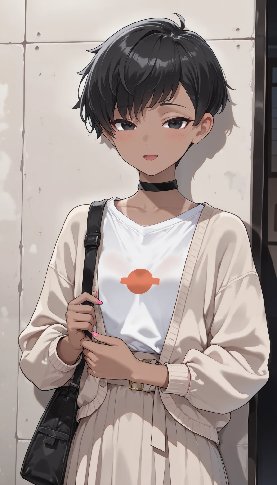 (top quality), ( more), ( best picture ), (걸작), detail line art, anime style, Vivid Color, Beautiful, handsome Anglo-Saxon woman, sharp jawline , perfect body ratio, Very small head, very small face, IDEAL PROFIT BODY PROFIT, perfect body, perfect style, Perfect balance, Delicate Facial Features, BEAUTIFUL AND DETAILED WOMAN, VERY DETAILED eyes and face , ( tanned skin) , , ( beige thin cardigan , white long sleeve polar t-shirt , Beige long skirt ), (( bright black eyes )), realistic beautiful face, realistic beautiful eyes, slender, ((very short black pixie cut)), ((Detailed fabric texture)), upper body, The front , She's looking at me. nighttime, blush, with a shy expression. Very light pink nails. black choker. eco bag over my head. Outdoor, Streets of Korea. light smile. holding a, You greet me. open mouth.