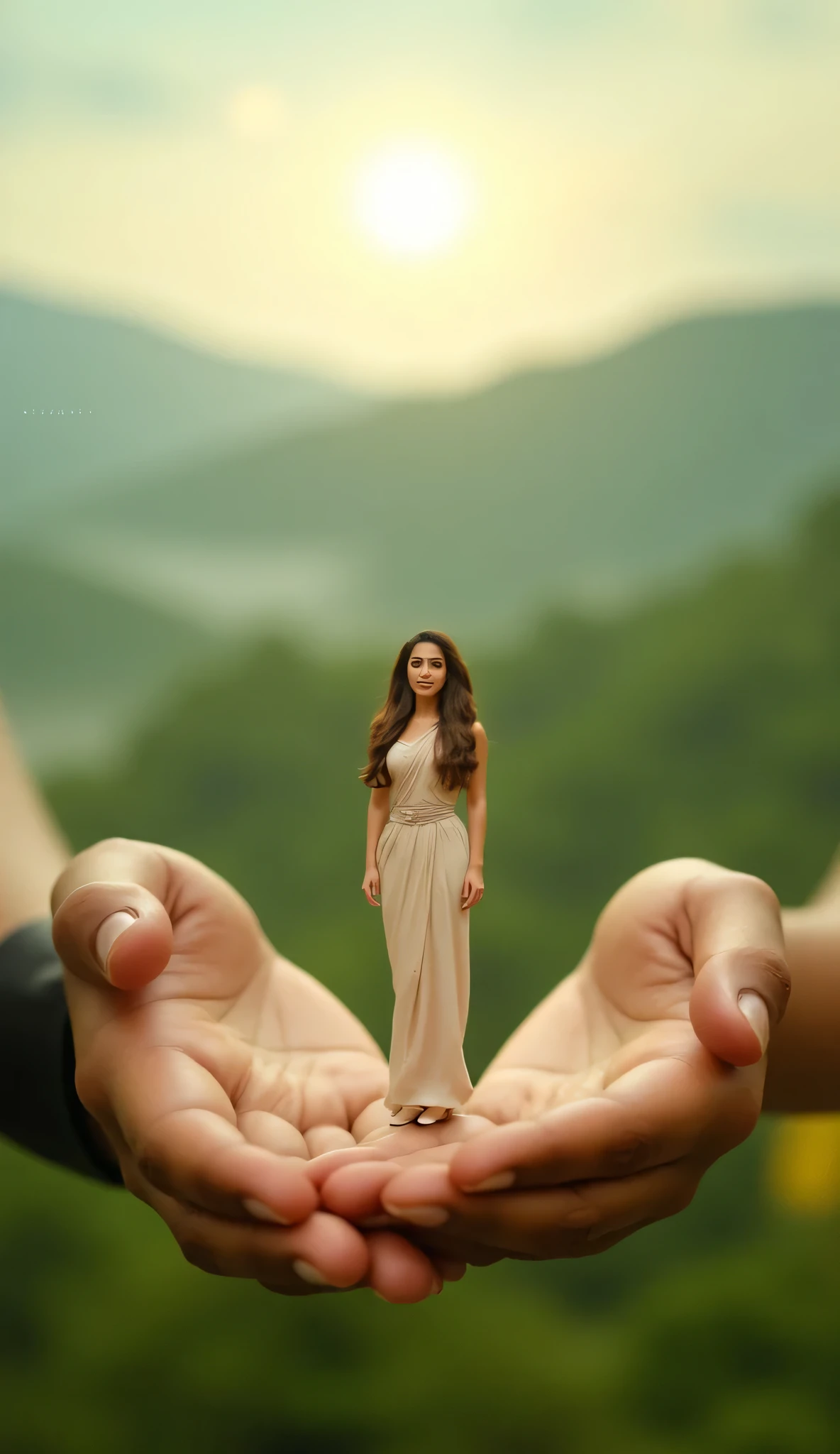Nayanthara as a tiny human figure standing gracefully in the large hands of an unknown person. She is dressed in a simple yet elegant outfit, with her hair flowing naturally. The hands holding her are detailed, with soft lighting and realistic textures. The background features a beautiful natural setting—lush green forests, misty hills, and a warm sunlight glow, creating a peaceful and magical atmosphere. Nayanthara looks calm and regal, as if she belongs in this enchanting, nature-filled world.