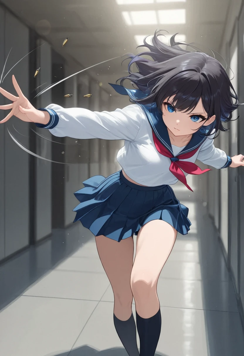 armed high school girl 、Actions to avoid bullets、stop motion、(((Countless bullets are approaching:1.4, motion blur effect、Barrett))), standing:1.4, Dynamic motion to avoid by warping the body、sailor suit, pleated skirt on indoor floor, Avoidance Action:1.2, 4K Digital Art、anime style、professional、Bokeh、HDR,UHD,extreme detail,vivid colors,dark vibe,fantasy