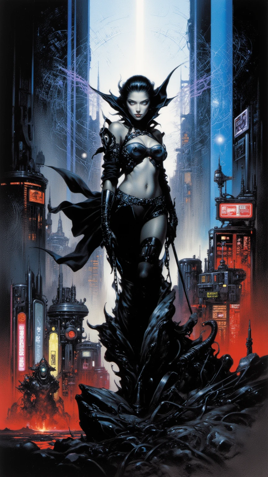 The sexy and dark warrior girl, dark castle, night(art inspired by Bill Sienkiewicz). oil painting)(best quality,4k,8k,highres,masterpiece:1.2),ultra-detailed,(realistic,photorealistic,photo-realistic:1.37),intricate details,vivid colors,sharp focus,professional,Dave McKean artwork, oil touch of surrealism,oil painting style