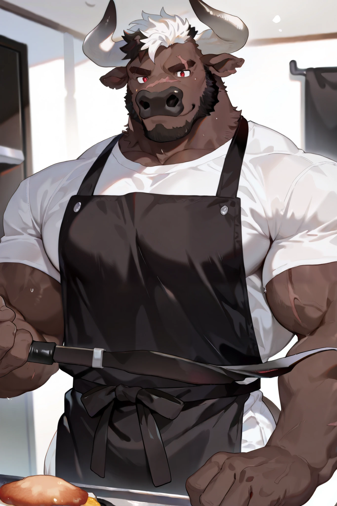 1 boy , alone, Human Furry , Minotaur, bull, Large Curved Corner, Brown Fur, brown and black beard, dark pattern , red eyes, Eye with Scar, White hair, Brown and black hair tips,Brown eyebrows,Solid , biceps 。
White T-shirt,Black Apron。
Left hand waist , Confident Gesture ,
masterpiece, Best Quality,