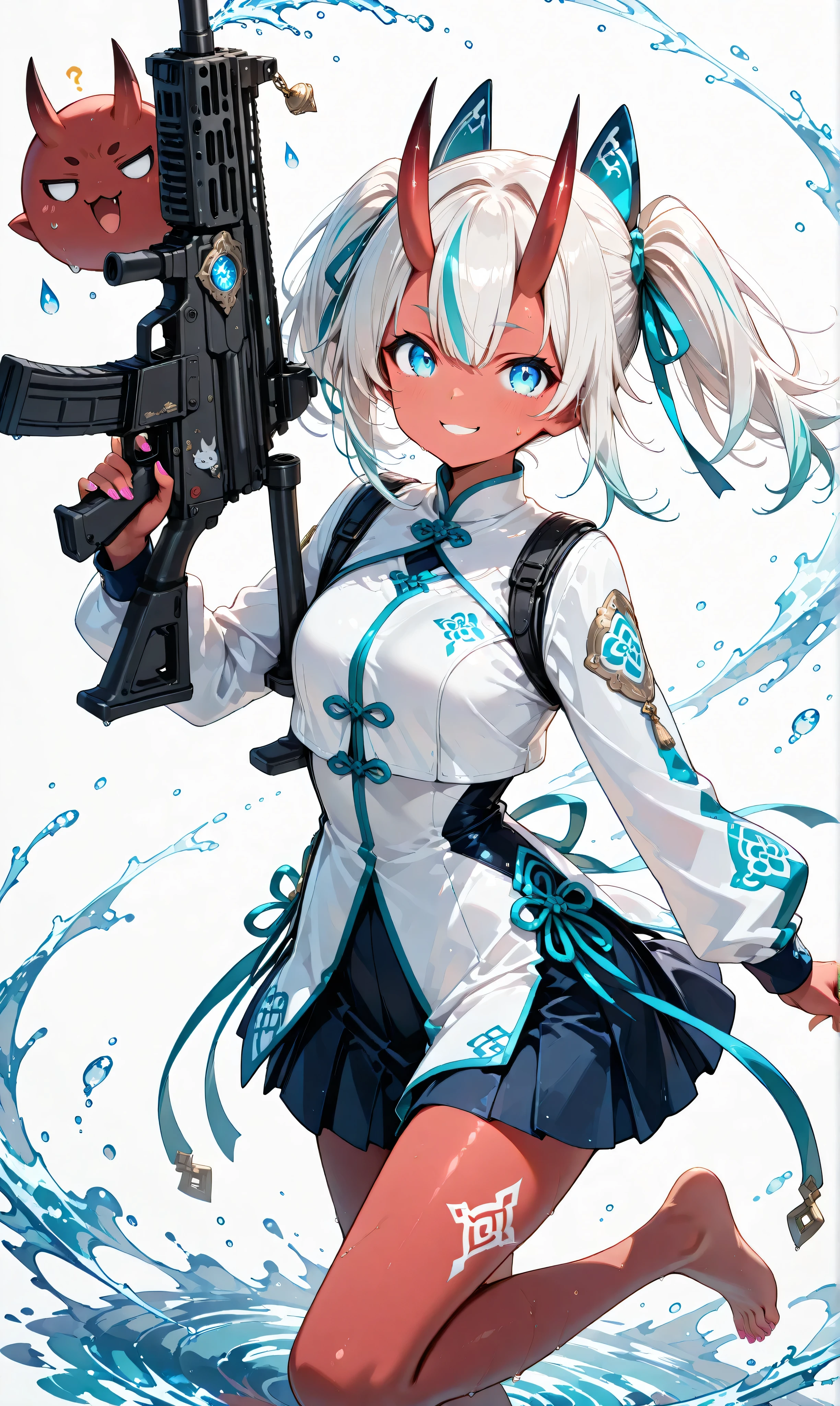 Masterpiece, best quality, very aesthetic, engraved, (watercolor: 0.4), (pastel: 0.6), cowboy shot of two girls with softly curved chests posed under eaves as colossal raindrops roar outside, simple white background. ((Large bullets surrounding them:1.3)), left: short Shiro-Oni with white skin, jet-black twin tails tied with ribbons, faint white highlights, fox ears, barefoot with pink nail polish, teal qipao with silver details, blue eyes lively with a playful smile, wielding a machine gun with a light grip, next to a tall Aka-Oni, red skin, smooth black horns, matching twin tails and qipao, blue eyes radiant with a sweet smile, wielding a machine gun with an elegant angle, opponent’s bullets suspended in slow motion, pistols faintly in the scene, no enemy face, cinematic stopped-time charm with raindrops tracing their silhouettes.


