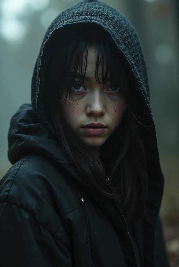 Long black hair white 17 year old girl wearing military uniform, Orange cape, Big brown eyes, Science Fiction, dark mood, charturnerv2