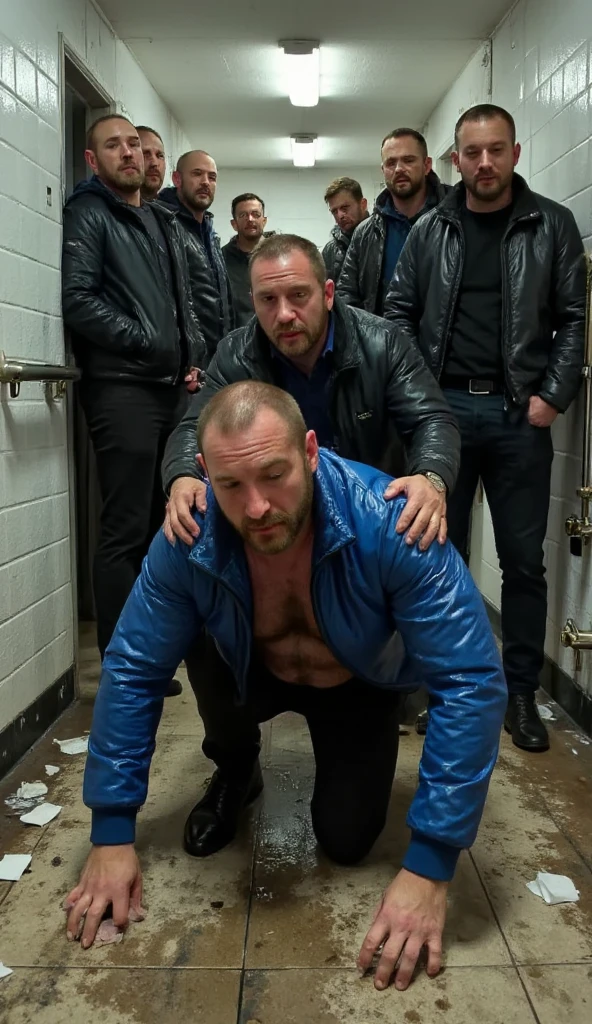 Handsome muscular shirtless bald man with brown eyes laughing, hands behind back and Hogtied, hands tickling feet, , ribs tickling hogtie bondage