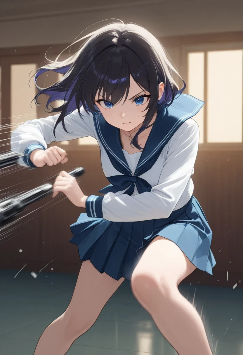 armed high school girl 、Actions to avoid bullets、stop motion、(((Countless bullets are approaching:1.4, motion blur effect、Barrett))), standing:1.4, Dynamic motion to avoid by warping the body、sailor suit, pleated skirt on indoor floor, Avoidance Action:1.2, 4K Digital Art、anime style、professional、Bokeh、HDR,UHD,extreme detail,vivid colors,dark vibe,fantasy