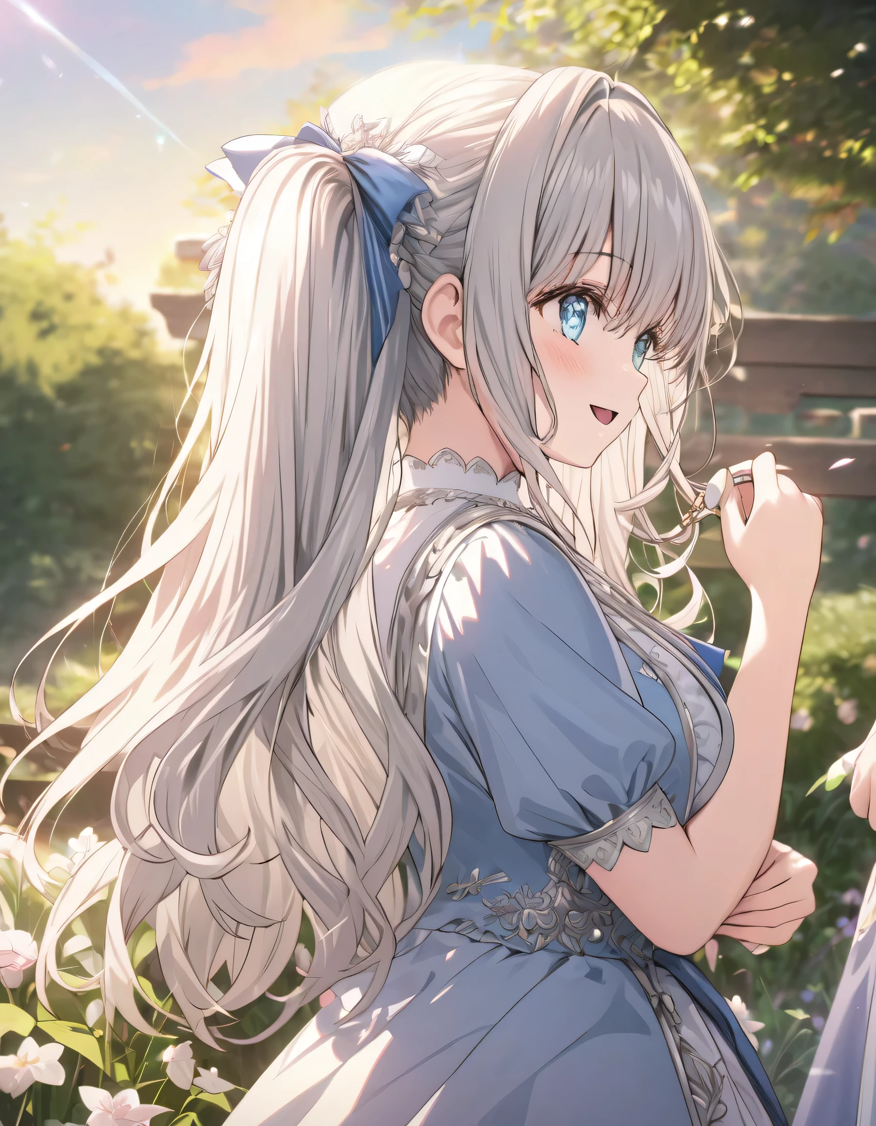 ((ultra-detailed)), (highly detailed CG illustration), (best quality:1.2), ultra-highly detailed, colorful composition, artistic photoshoot, 1girl, solo focus, ((upper body:1.4)), moe anime character, age girl, dainty facial structure, (baby face), (round face), ((rounded chin:1.2)), ((ideal ratio body proportions)), celia-default, celia claire, (blue eyes), sparkle eyes, silver hair color, two side up, ((hair ribbon with blue)), ((blue semi formal dress with gold decorations)), (happy), (joyful), (open mouth), ample breasts, best quality, masterpiece, best quality, masterpiece, standing by the victorian garden with flowers, beautiful detailed sky, sunshine pouring down, profile view, looking to the side, expecting, pink cheek, blush, light pink gloss slip, portrait, depth of field, soft lighting, sidelighting, (shine), lighting, caustics, ray tracing, smile, perfect face, lustrous skin, highly detailed face, highly detailed eyes, perfect face, perfect nose, perfect hair, perfect eyes, perfect anatomy, beautiful hair, beautiful small face, extremely detailed face, beautiful detailed eyes, beautiful clavicle, beautiful body, beautiful huge breasts, leavage, breasts squeezed together, equalize the size of the left and right breasts, asts, beautiful thin thighs, beautiful legs, beautiful fingers, 4 fingers, 1 thumb, lovely, (very detailed background:1.0), (highly detailed background:1.0), spring aesthetic, intricate details, relaxed atmosphere, spring colors palette, chromatic aberration