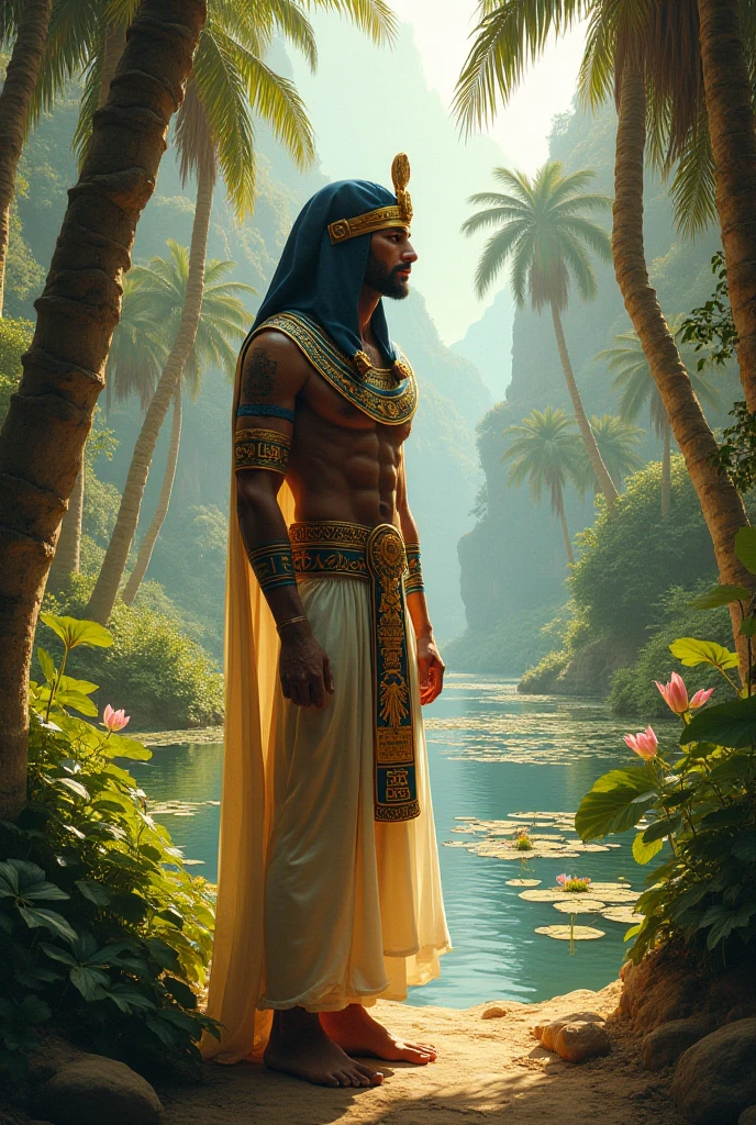A handsome handsome man without a shirt, golden pants, skinny white skin in the desert and two leopards sitting in a king's chair, desert palm tree behind a lake and a peacock