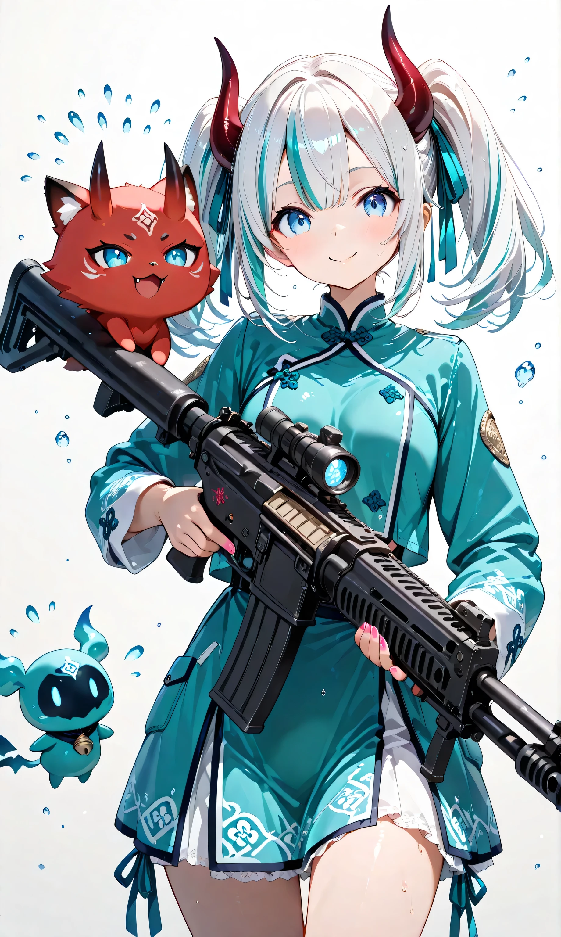 Masterpiece, best quality, very aesthetic, engraved, (watercolor: 0.4), (pastel: 0.6), cowboy shot of two girls with softly curved chests aligned under eaves as colossal raindrops crash outside, simple white background. ((Large bullets surrounding them:1.3)), left: short Shiro-Oni with white skin, jet-black twin tails tied with ribbons, faint white highlights, fox ears, barefoot with pink nail polish, teal qipao with silver details, blue eyes twinkling with a playful smile, wielding a machine gun with a relaxed hold, next to a tall Aka-Oni, red skin, smooth black horns, matching twin tails and qipao, blue eyes soft with a sweet smile, wielding a machine gun with a graceful angle, opponent’s bullets frozen in slow motion, pistols subtly present, no enemy face, cinematic stopped-time charm with raindrops tracing their outlines.