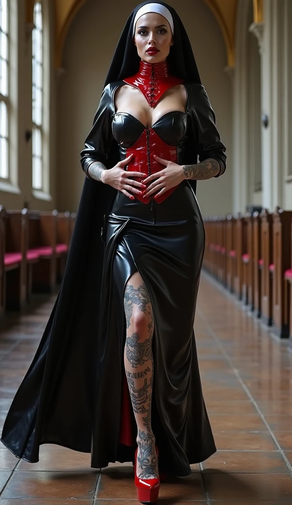 Ruby rose; (((left of red long hair shaved fade))); (black make-up); ruby rose face; no censored adult content; nun clothes; tall shot;