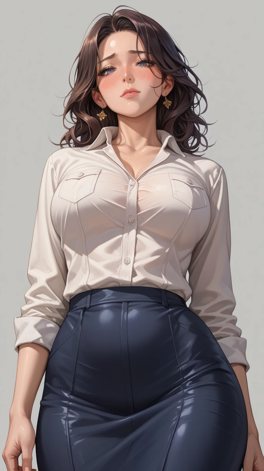 One woman ,short wavy hair ,red lipstick,face makeup,mole under right eye, tassel earrings, perfect mature body,turtle neck white sweater,white pants,brown hair,legs,navel, average breasts,hands on waist, black blazer