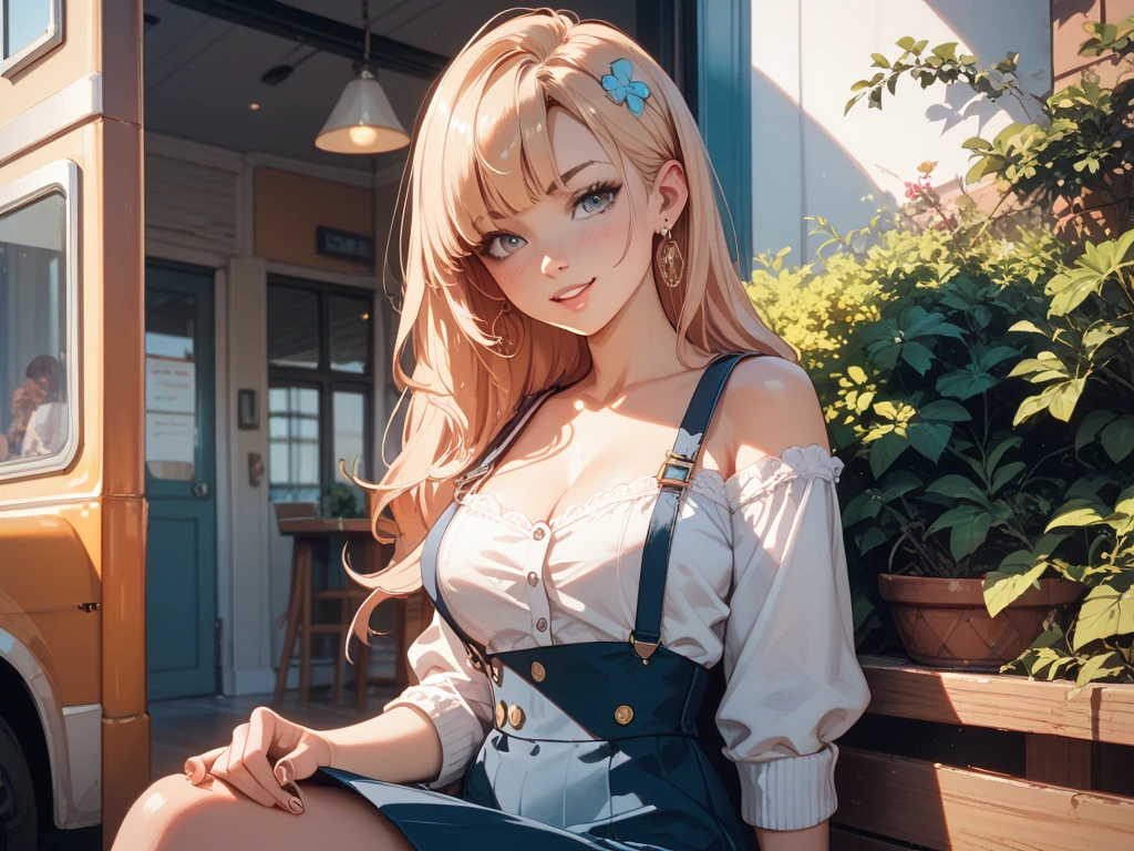 Beautiful French girl 18 years old, in expensive clothes, hair in a ponytail, green eyes, sit on bench at park at the evening, warm smile. 