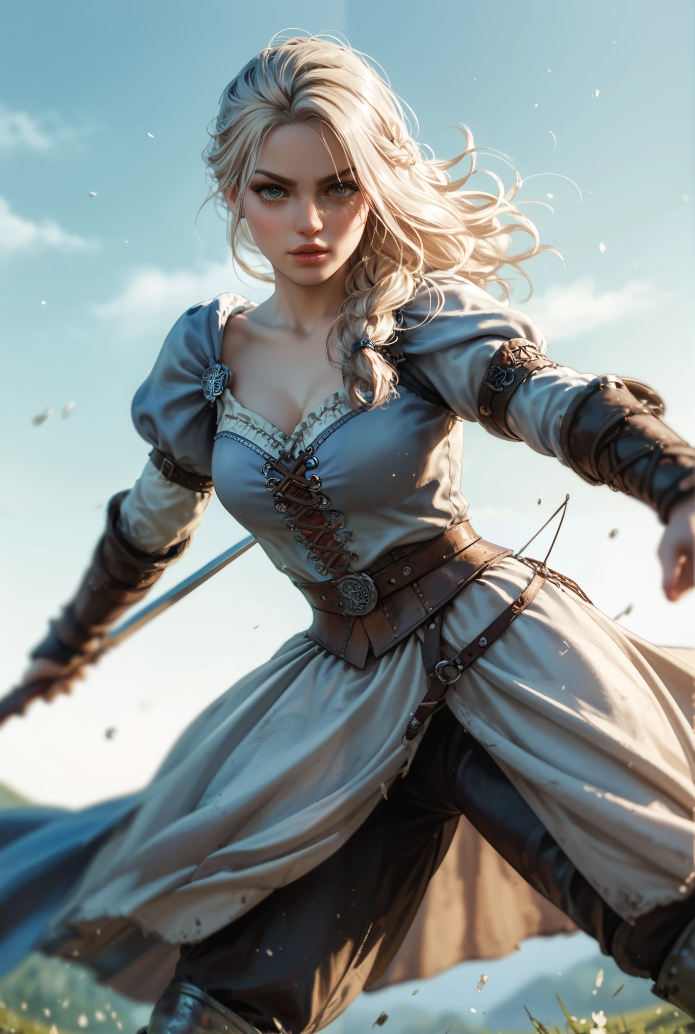 character, png, Bottomless, whole body, medieval clothes, rpg, fight pose scenario, Medieval clothing colors, and white background
