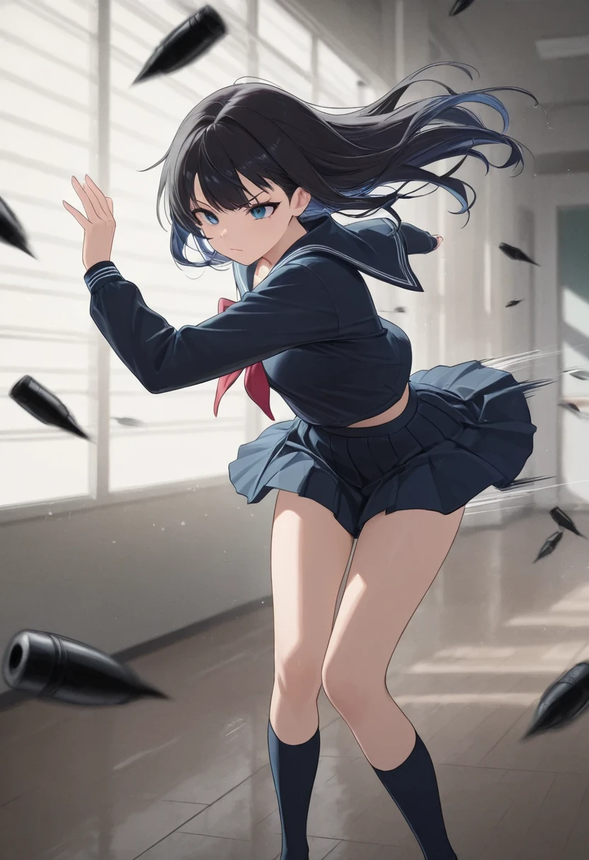 armed high school girl 、Actions to avoid bullets、stop motion、(((Countless bullets are approaching:1.4, motion blur effect、Barrett))), standing:1.4, Dynamic motion to avoid by warping the body、sailor suit, pleated skirt on indoor floor, Avoidance Action:1.2, 4K Digital Art、anime style、professional、Bokeh、HDR,UHD,extreme detail,vivid colors,dark vibe,fantasy