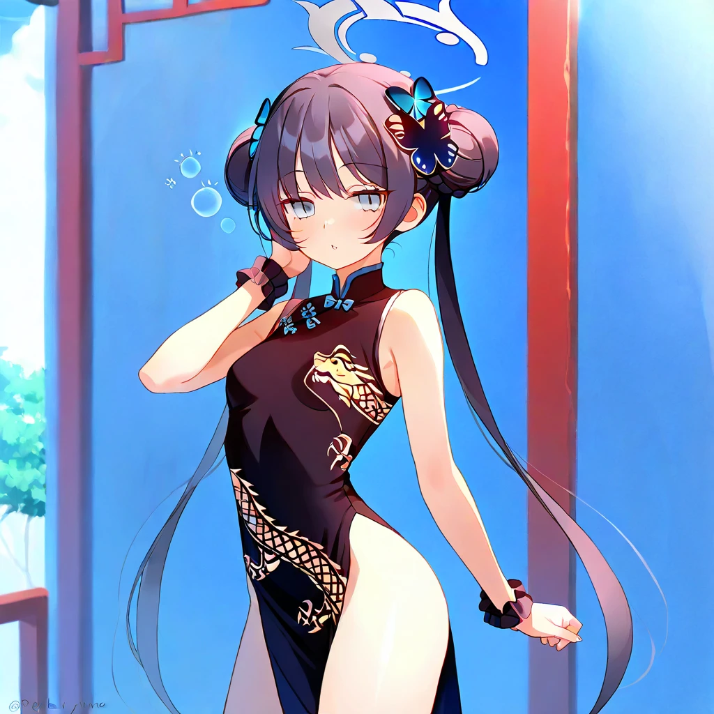 of a real，8k，slit cheongsam，Long black hair，largeeyes，二重まぶた，Bigchest，Cocked buttocks，Fan in hand
