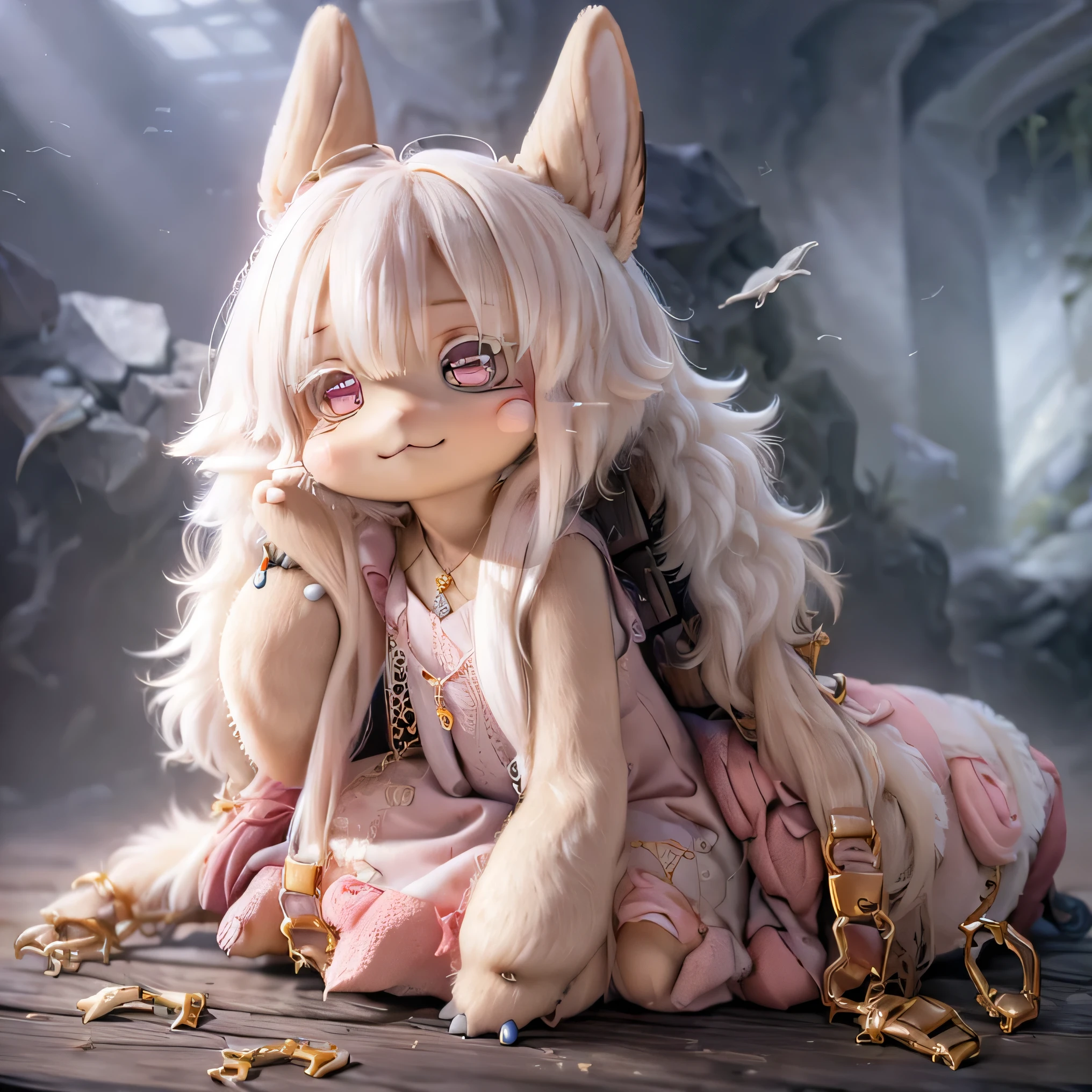 in the garden, Smiling girl, Similar to Nanachi from Made in Abyss. She is beautiful, Beautiful eyes and lips. girl (((Chibi Style,))) . Image quality is excellent, Highly detailed and realistic features. The medium of this work is、Combining illustration and photorealistic rendering.. The colors are vivid、The lighting creates a warm and bright atmosphere。 whole body(((((Cute pink dress)))))Contrasting