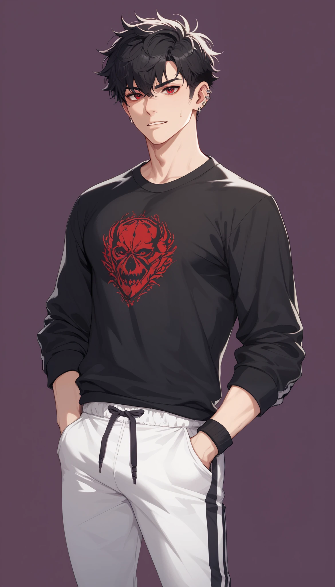 A Man (22 year old appearance) with messy black hair medium size, disheveled fringe on the face above the eyes , fair skin and pinkish-red eyes, wearing black clothes , a black shirt , white sweatpants and black sneakers, has red piercings with ruby in one ear. He has a penetrating look , hunter's eyes . He has his hand in his pockets. purple background.