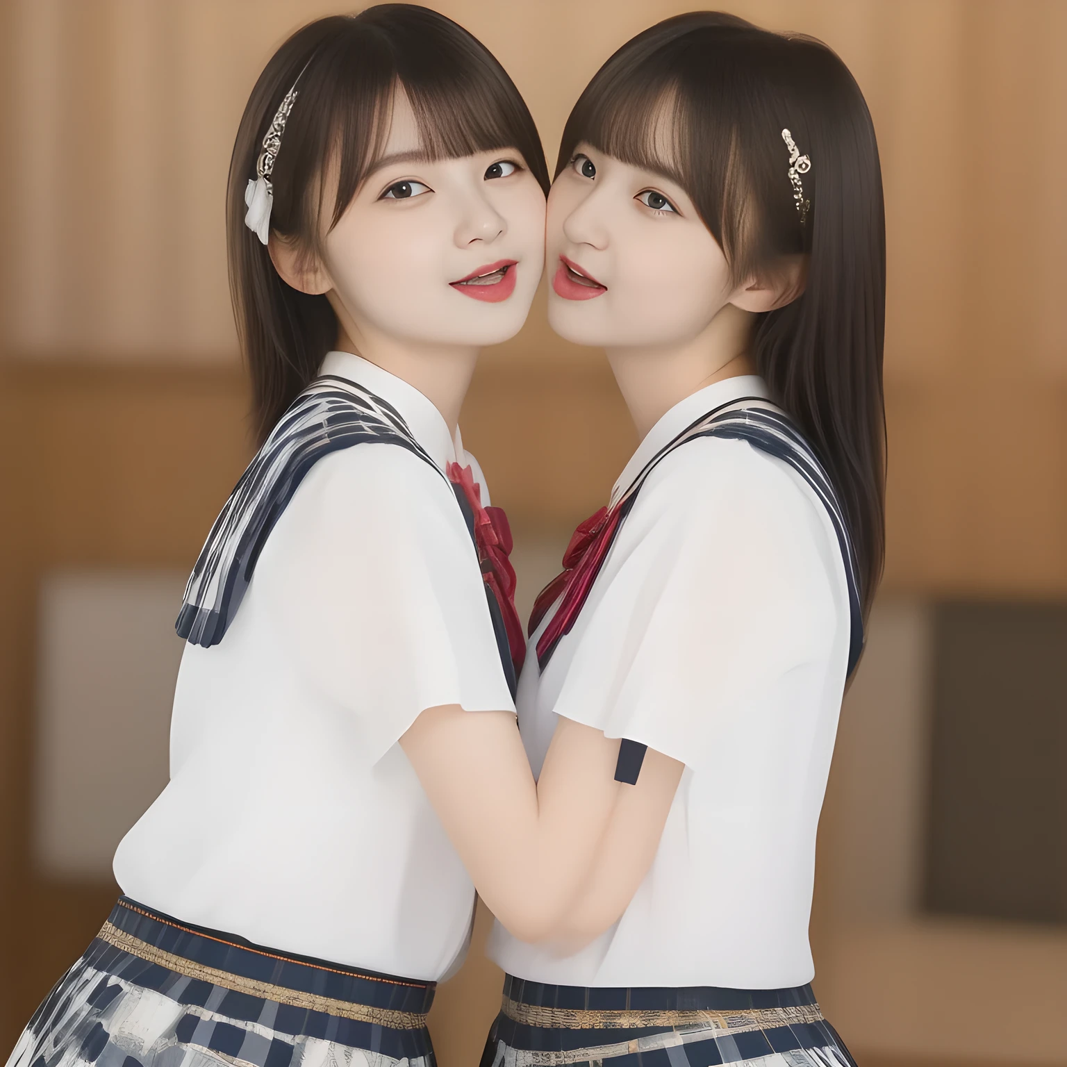 (masterpiece, best quality:1.2), High resolution, 1080P, 8K, 1girl, solo, ((Too beautiful two rich (young beauty & noble & gorgeous fashion magazine models))) are facing center. All the girls are noble, neat, intelligent and beautiful slender, maximum laughter of happiness, neat seducing uniform and skirt: 1.8), (Incredibly well organized pure white face, Glossy lips, Very long ((black beautiful hair)) like a hair model, Pure and clear wet eyes, (((Noble and neat and noble))) Japanese school uniform, (huge red glossy red ribbon bow-tie), girly & fluttering ((frilled gorgeous expensive white school blouse)), (puffed sleeves), (white cutest well-pleated noble (blue checkered dark-blue skirt)): 1.9) ,(beautiful legs, white socks and school loafers), (Using expensive face-whitening cosmetics to make her skin more beautiful and pure by professional makeup artist: 1.0), (The 3 neat beautiful girls know well about the viewer's super fetishism for school uniforms, and satisfies it completely with skirt: 1.0), (well detailed face and seducing eyes: 1.8), (Girls are fluttering and kissing each together with widely open mouth: 2)