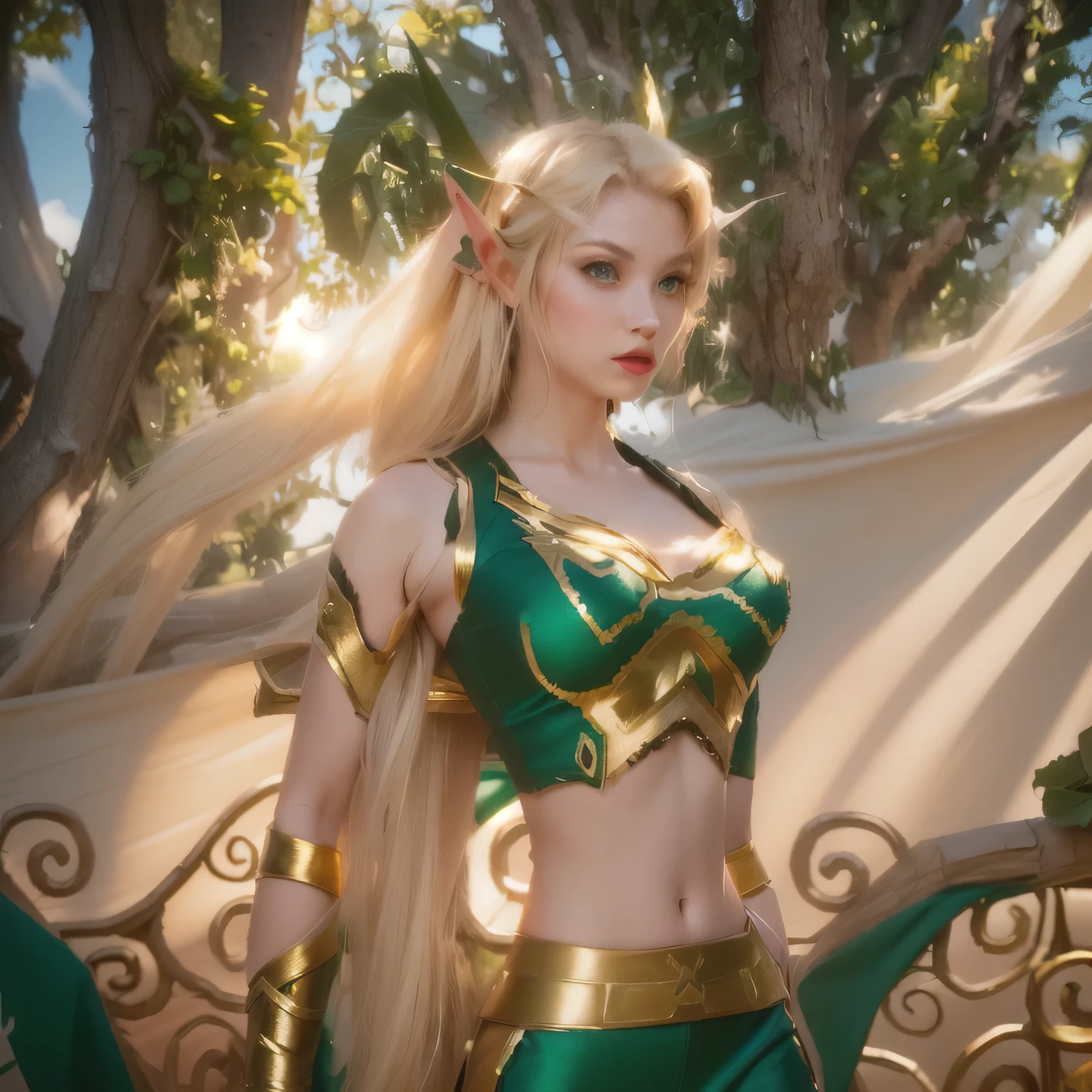 an young girl elf poses in chains and jewelry, 1girl,solo, pointy ears, elf, freckles,very long hair, green eyes,cupid's bow lips, braid, jewelry, looking at viewer, (yellow golden hair:1.3), (long hair), (flowing hair). (extremely detailed leggings design), fantasy theme, indie aesthetic, (mystical landscape),(castle background), smile, dynamic pose, vibrant colour, shadow, contrast, refraction, perspective, depth, good anatomy,perfect body, big breast, stunning details, sexy pose,