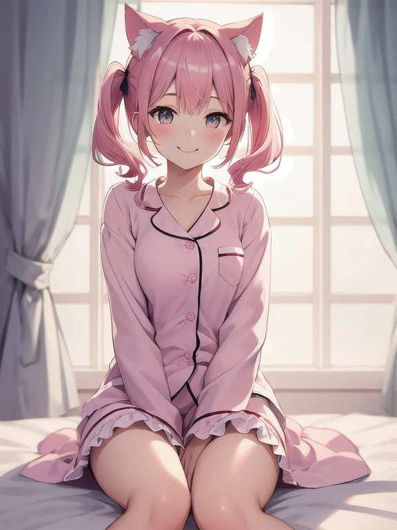 masterpiece,ultra detail,best quality,girl,kaname madoka,petite,fantasy bedroom,wakeupeye, rubbing eyes,morning,window,sleepy,flare <lora:wake_up:0.7>,pink pajamas,sitting on bed,stuffed toy,yarn