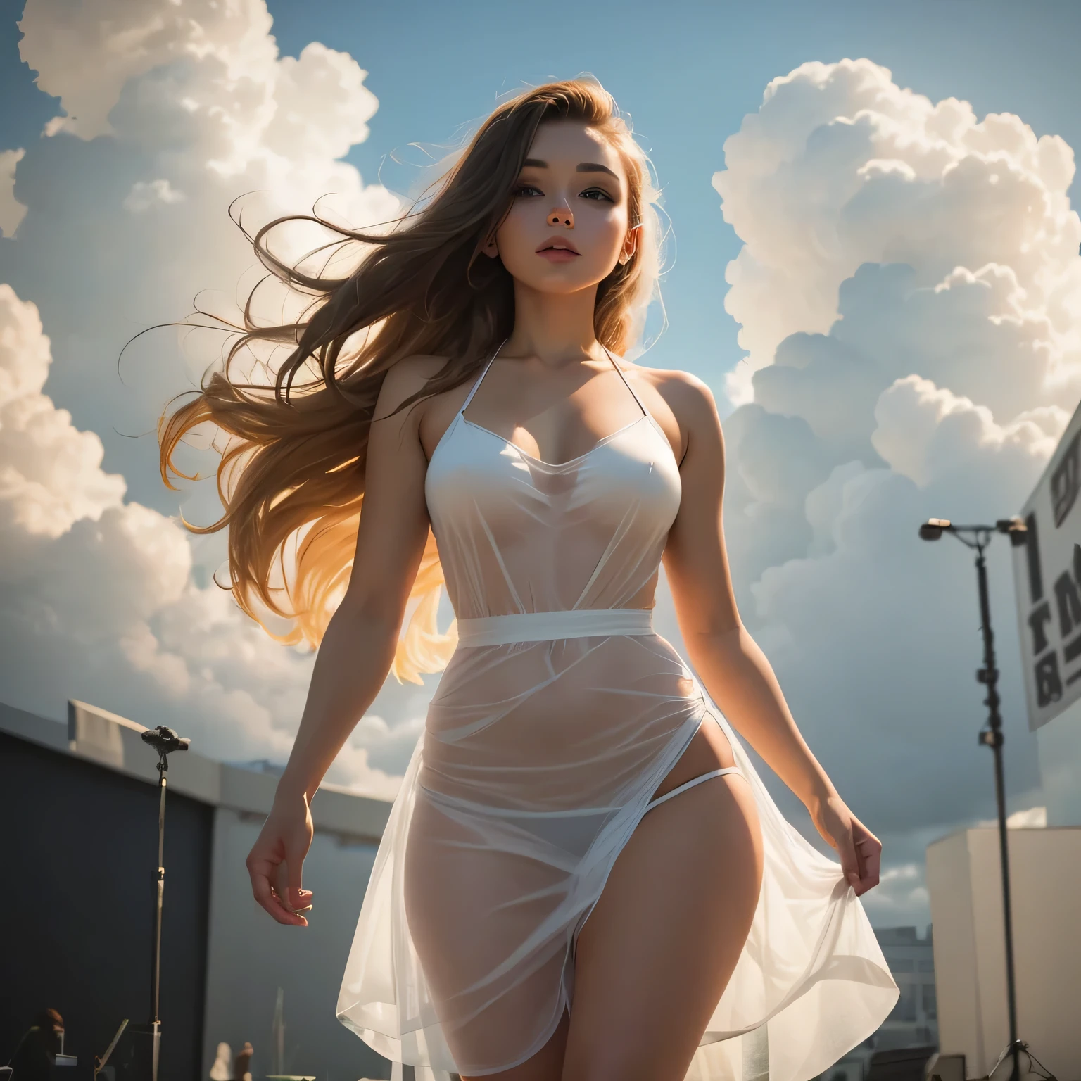 Beautiful very young woman wearing a transparent yellow dress, View of clouds, white-skinned blonde, dressed up on the fly because of the wind and reveals her black bikini.( Full view of a black thong)
This standing on an outdoor stage.