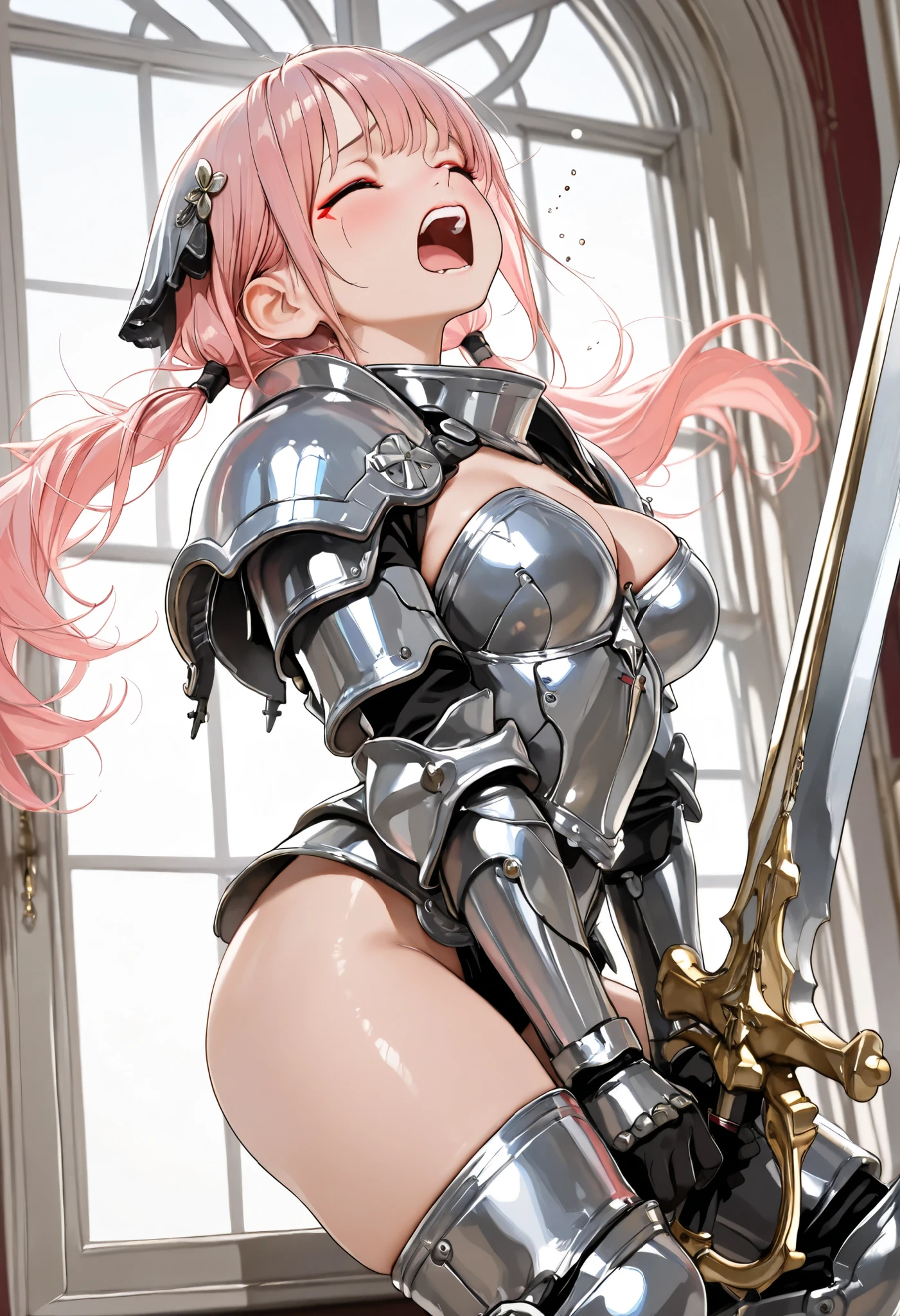 {best quality}, {very aesthetic}, {ultra-detailed}, {best illustration}, nsfw,1girl human, Age 25,good anatomy, masterpiece, best quality, realistic, hyper realistic, 16k hdr, (cleavage, damaged body, sweat, beautiful face, mature female, muscular paladin, leg guard, shoulder armor, metal collar:1.2) ,(handcuffs:1.2),(red blush, angry, all fours, top down:1.3),fantasy world, outdoor, old castle, blue sky,(((surrounded many Heinous estrus goblins:1.3))),(chain leash, pull leash,lead:1.2),(((goblin riding, a goblin is riding a girl, grab her head:1.3))),(from side:1.1),from above, Dynamic Pose, Dynamic Angle, Micro Panties, (((Gorgeous nipple piercing))),((pointy breasts)),(((womb tattoo)))