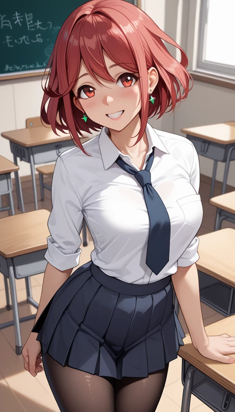 score_9, score_8_up, score_7_up,  source_Anime top quality、8k、 masterpiece、Ultra High Precision、 natural light、PERFECT ANATOMY、 perfect eyes、beautiful eyes、 Highlights、One Woman、medium breasts、saggy breasts、Pyra 、(is embarrassing:1.3、 happy)、Japanese high school uniform、pantyhose、(School Classroom)、 stand and pose