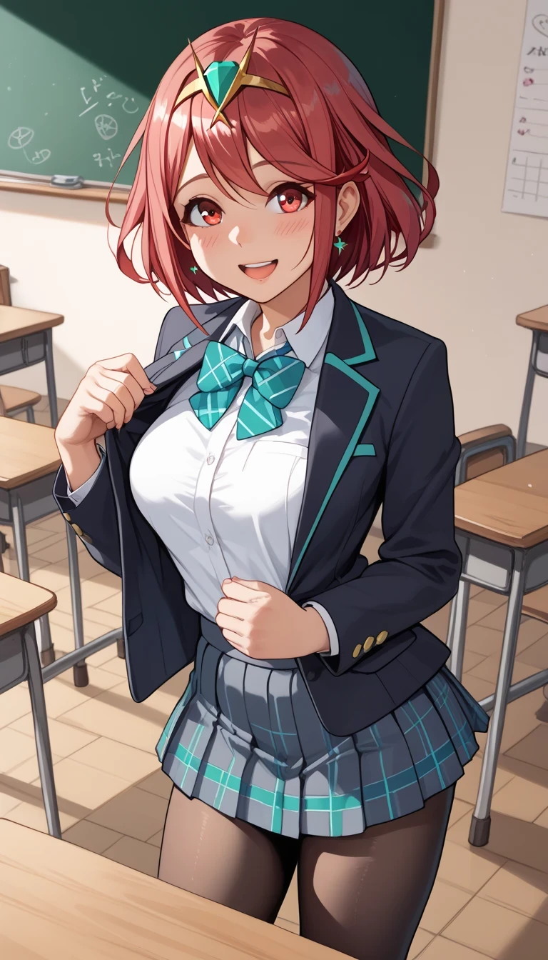 score_9, score_8_up, score_7_up, source_Anime top quality、8k、 masterpiece、Ultra High Precision、 natural light、PERFECT ANATOMY、 perfect eyes、beautiful eyes、 Highlights、One Woman、medium breasts、saggy breasts、Pyra 、(is embarrassing:1.3、 happy)、Japanese high school uniform、blazer、jacket、pantyhose、(School Classroom)、 stand and pose