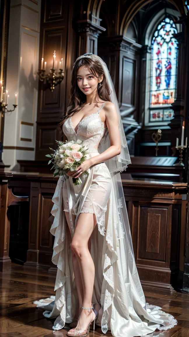((highest quality)),(超A high resolution),(Very detailed),(Detailed Description),((The best CG)),(masterpiece),Very detailedなアート、Small breasts、Whitening 1.5、Clear skin quality、(((Full upper body nude 1.5)))、Racing High Leg、hair ornaments、(1.5)))Tying up hair、((( 1.5)))、Glitter Necklace、Ultimate Beauty 1.5(((Wedding Dress 1.5)))、(Bouquet bouquet)、(((Full Body Shot1.5)))、church、Full Body Shot、