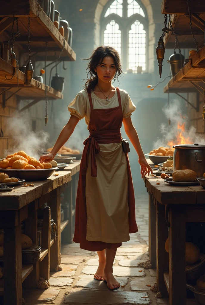 1 girl, adult (elven:0.7) woman, pink eyes, auburn waterfall braid, portrait, solo, upper body, looking away, detailed background, detailed face, (arid desert middle-eastern theme:1.1), barkeep, simple tight drrss, apron, rustic pub interior in background, rust, wall-decorations, drapes, flagon, plates, low light, jovial fantasy atmosphere