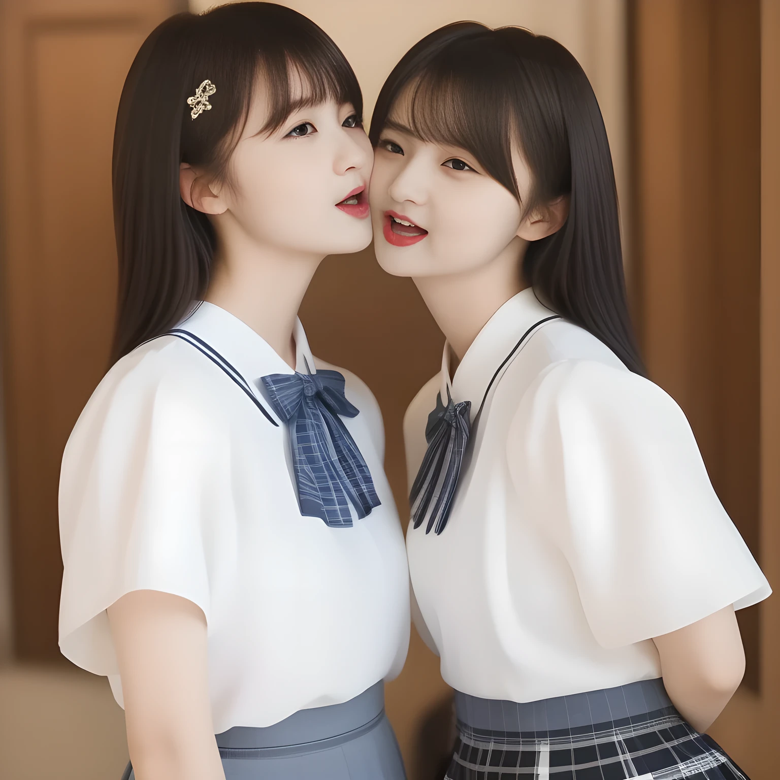 (masterpiece, best quality:1.2), High resolution, 1080P, 8K, 1girl, solo, ((Too beautiful two rich (young beauty & noble & gorgeous fashion magazine models))) are facing center. All the girls are noble, neat, intelligent and beautiful slender, maximum laughter of happiness, neat seducing uniform and skirt: 1.8), (Incredibly well organized pure white face, Glossy lips, Very long ((black beautiful hair)) like a hair model, Pure and clear wet eyes, (((Noble and neat and noble))) Japanese school uniform, (huge red glossy red ribbon bow-tie), girly & fluttering ((frilled gorgeous expensive white school blouse)), (puffed sleeves), (white cutest well-pleated noble (blue checkered dark-blue skirt)): 1.9) ,(beautiful legs, white socks and school loafers), (Using expensive face-whitening cosmetics to make her skin more beautiful and pure by professional makeup artist: 1.0), (The 3 neat beautiful girls know well about the viewer's super fetishism for school uniforms, and satisfies it completely with skirt: 1.0), (well detailed face and seducing eyes: 1.8), (Girls are fluttering and kissing each together with widely open mouth: 2), (close shot)