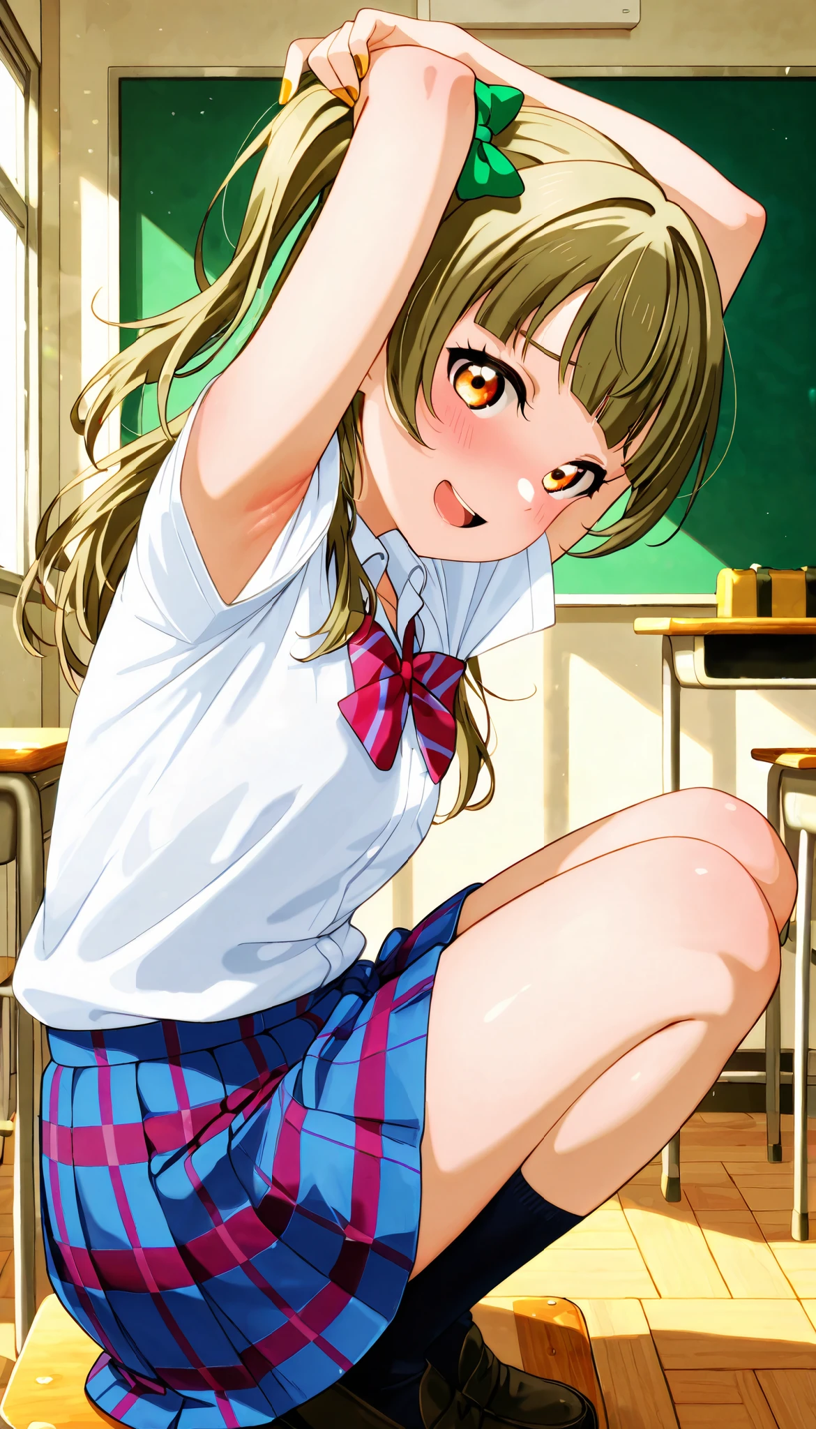 lovelive_kotori,
gyaru, shirt, plaid, bow, blush, white shirt, hair ornament, nail polish, plaid skirt, bowtie, pleated skirt, clevage, grayish brown hair, green hair bow, bangs, one side up, long hair, amber eyes,
,BREAK, armpit, arms over head, focus on armpit,
smile, ,scorn,open mouth, (cheerful),looking down at viewer,\(red blush\), embarrassed,
BREAK,
,sitting,looking down at viewer,Squatting,
from side,show armpit from short sleeves,
((masutepiece,hight resolution)), masutepiece, Best Quality, , absurderes, Perfect Skin, Detailed skin texture, ultra-detailliert, 8K, Intricate details, beautifull detailed face,hight resolution, 1girl ,from front,
indoors,class room