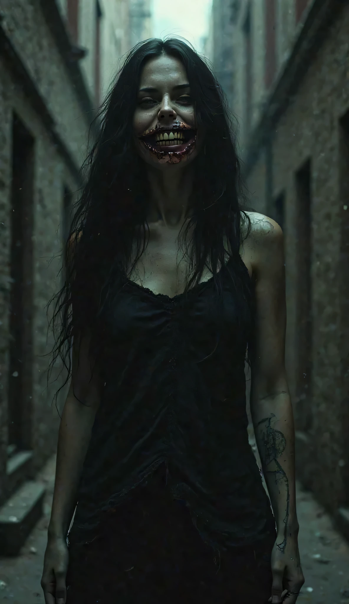 a woman with bulging eyes showing her long fangs, dressed in black, had a scary face and seemed to want to pounce