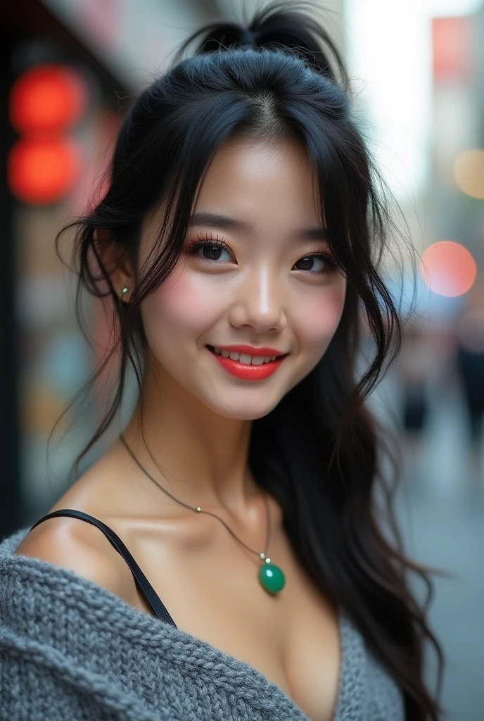 ((Best quality, 8K, Masterpiece:1.3, highres, Beautiful girl)), Cute, Detailed face, Detailed skin, Detailed eyes, Detailed lips, Detailed fingers, Photorealistic, Raw photo, Natural lighting, perfect anatomy, double eyelid, moist lips, toned legs, (off-shoulder black dress, braid hair, hair over one eye, black hair), looking at viewer, cyberpunk, bare shoulders, messy toilet, bad smile, peeing, spreading legs, close up
